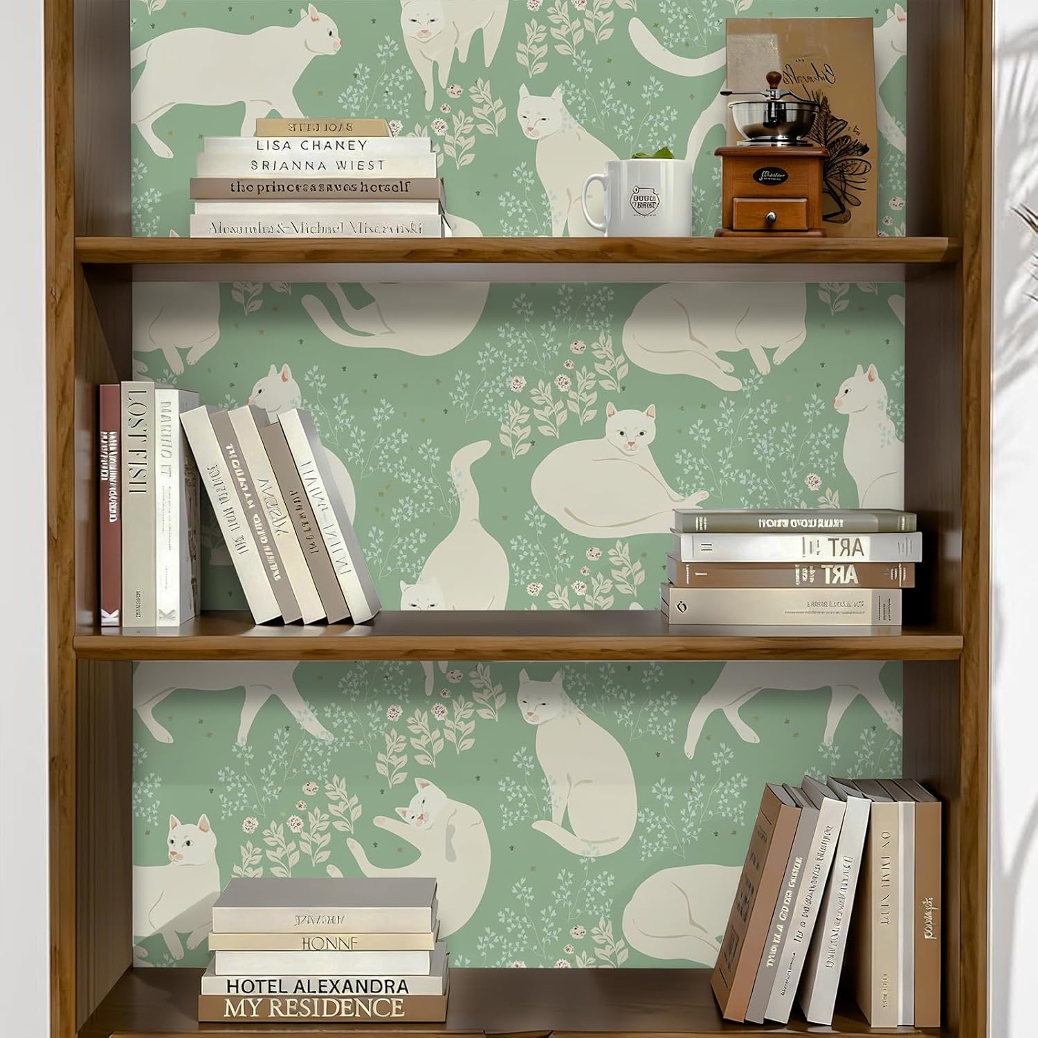 Cute Cat Animal Floral Wallpaper Self Adhesive Peel and Stick Cartoon Green Watercolor Spring Leaf Contact Paper Removable Waterproof for Bedroom Renter Friendly 17.71"x236.2"