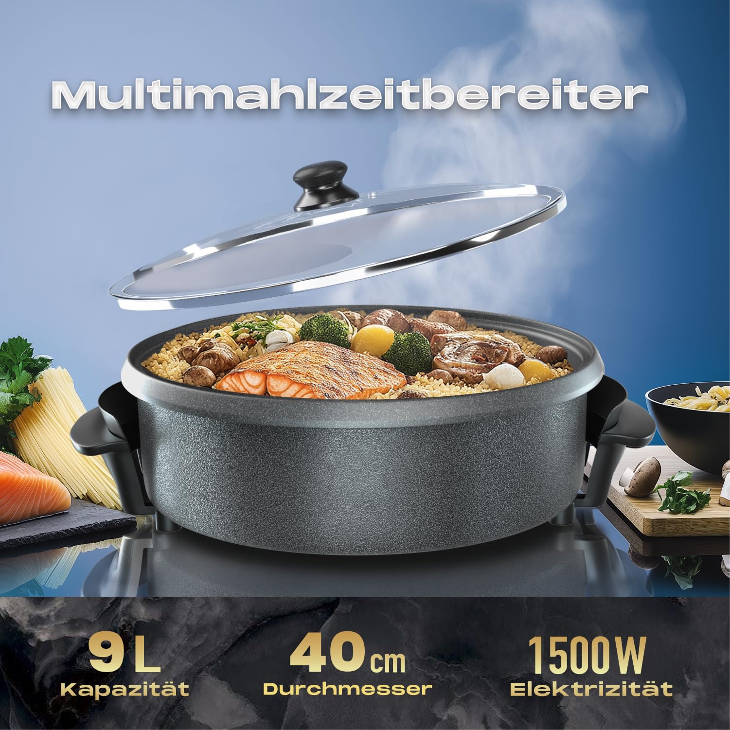 Wielofunkcyjna patelnia elektryczna, 9, 6 l, 42 x 7 cm, 1500 W, patelnia elektryczna z pokrywką, patelnia imprezowa do pizzy dla rodziny i na co dzień