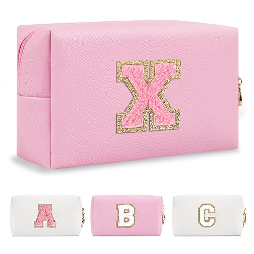 Miniatura 178 de Bolsa de maquillaje personalizada con inicial A-Z Preppy Patch, pequeña bolsa de cosméticos de PU con letra de chenilla y cierre para niñas Negro