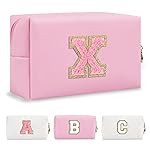 Personalized Initial A-Z Preppy Patch Makeup Bag,Small PU Leather Chenille Letter Cosmetic Bag with Zipper for Teen Girls,Pink Cute Travel Toiletry Bag,Birthday Monogrammed Gift for Daughter,Letter X