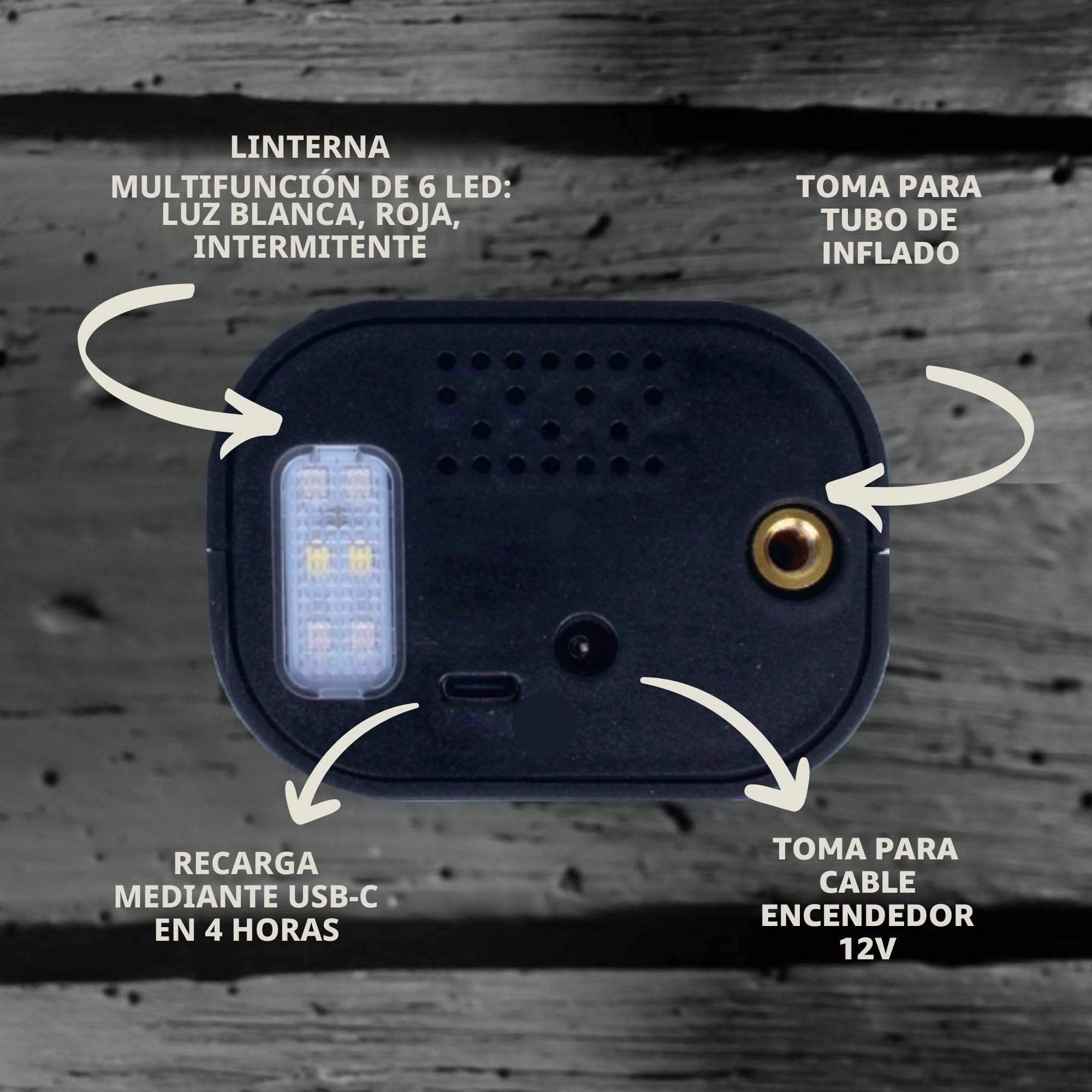 Goodyear, Compresor de Aire, portátil, inalámbrico, Recargable, 6000 mAh, 5 en 1: inflado, desinflado, medición de presión, batería Externa, Linterna 6 LED, Incluye Accesorios, Toma de Encendedor