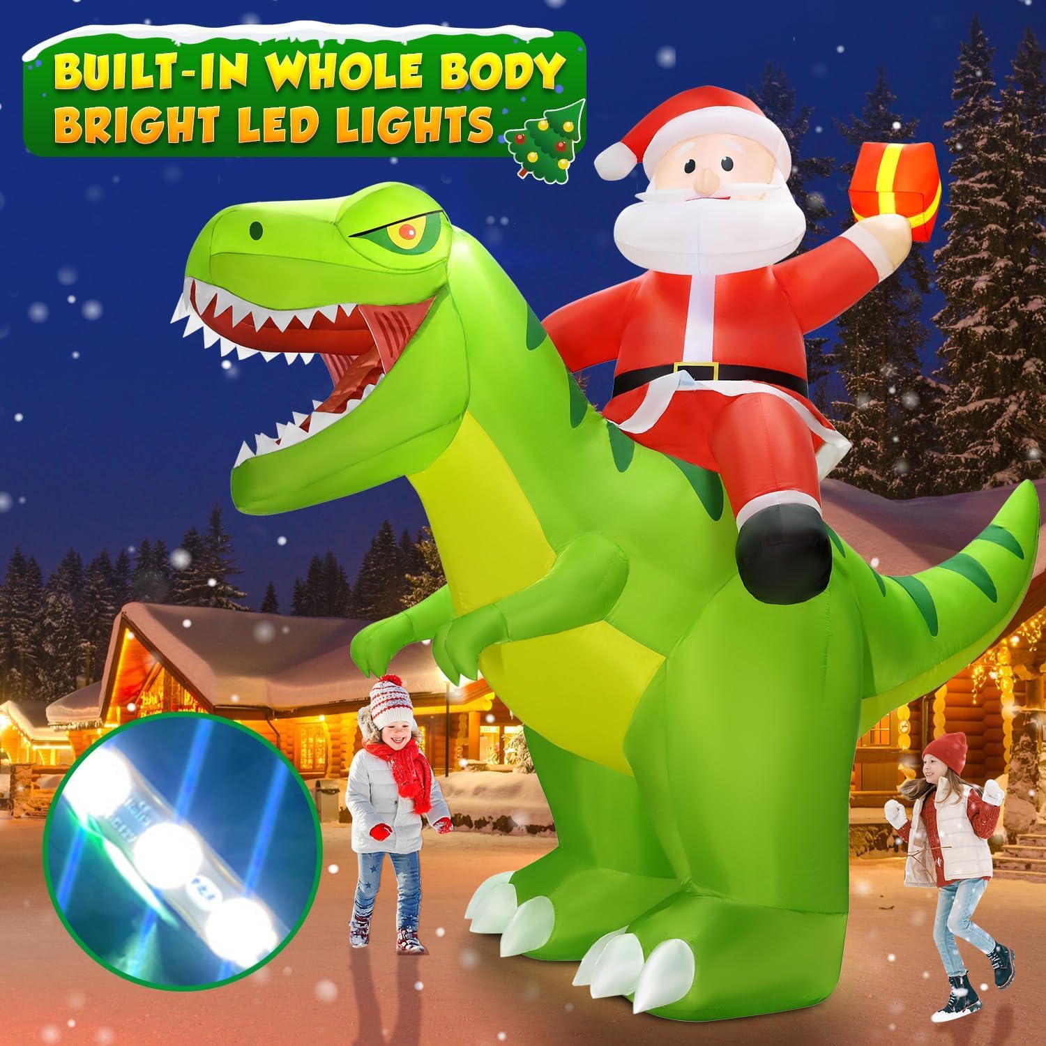 9x8FT Christmas Inflatables Decoration Outdoor Santa Riding Giant Dinosaur Christmas Blow Up Yard Decoration Blowups Dino Built-in LED Lights for Holiday Party Xmas New Year