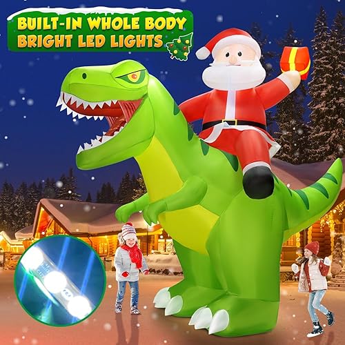 Miniatura 3 de Decoración inflable de Navidad de 9 x 8 pies, Papá Noel al aire libre, dinosaurio gigante de Navidad, decoración de patio, luces LED integradas para