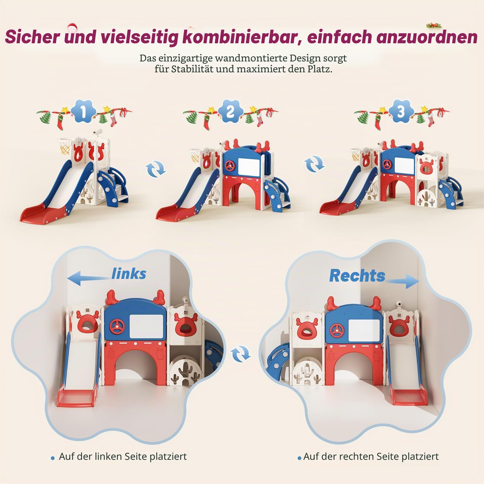 11-in-1 Kinder Rutsche Indoor/Outdoor,Montessori Spielzeugset mit Klettergerüst,Basketballkorb,Krabbeltunnel & Teleskop, Sicherheitsgetestet HDPE Kunststoff für Kinder ab 1 Jahr(Rot-blau)
