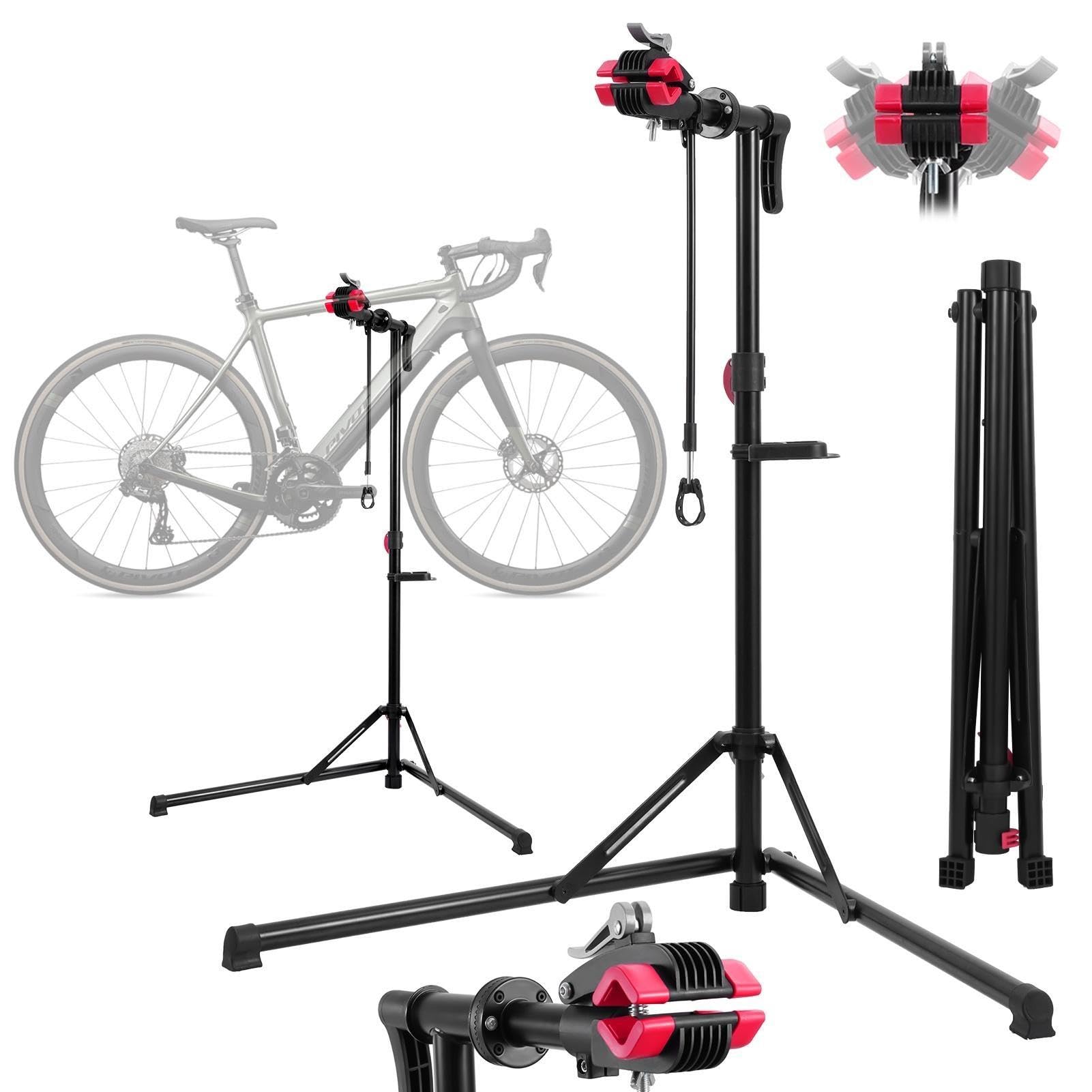 Regolabile Altezza Cavalletto Bici Manutenzione, Massima 50kg,360° Braccio | Pieghevole Cavalletto Manutenzione Bici con Vassoio Portautensili Magnetico e Barra Stabilizzatrice