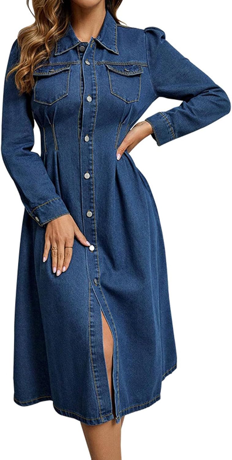 Sexyshine Women's Full Button Down Denim Long Dress Long Sleeve Ruched High Waist Lapel Collar Jean Dress with Pockets - Image 4