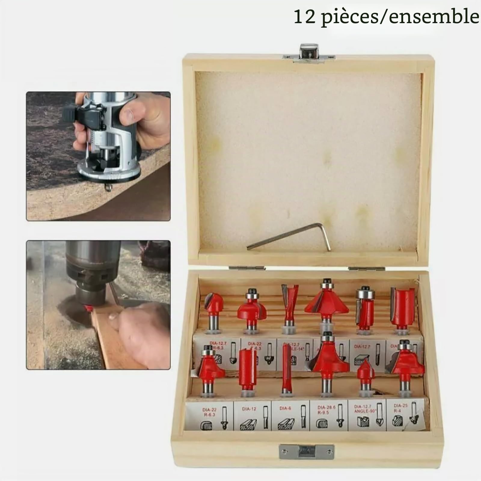 Lot de 12 fraises pour défonceuse à tige de 6 mm - Fraise à rainurer - Fraise à profiler - Avec coffret en bois pour le travail du bois (rouge)
