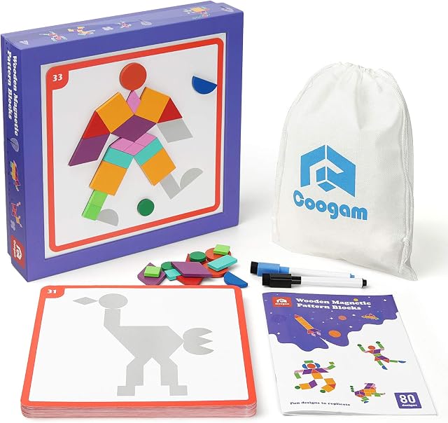 Coogam Wooden Magnetic Shape Puzzle Pattern Blocks Set, Tangram Geometric Manipulative Brain Teasers Toy Montessori Magnet Board Puzzle STEM Gift for Kids with 80 Challenges