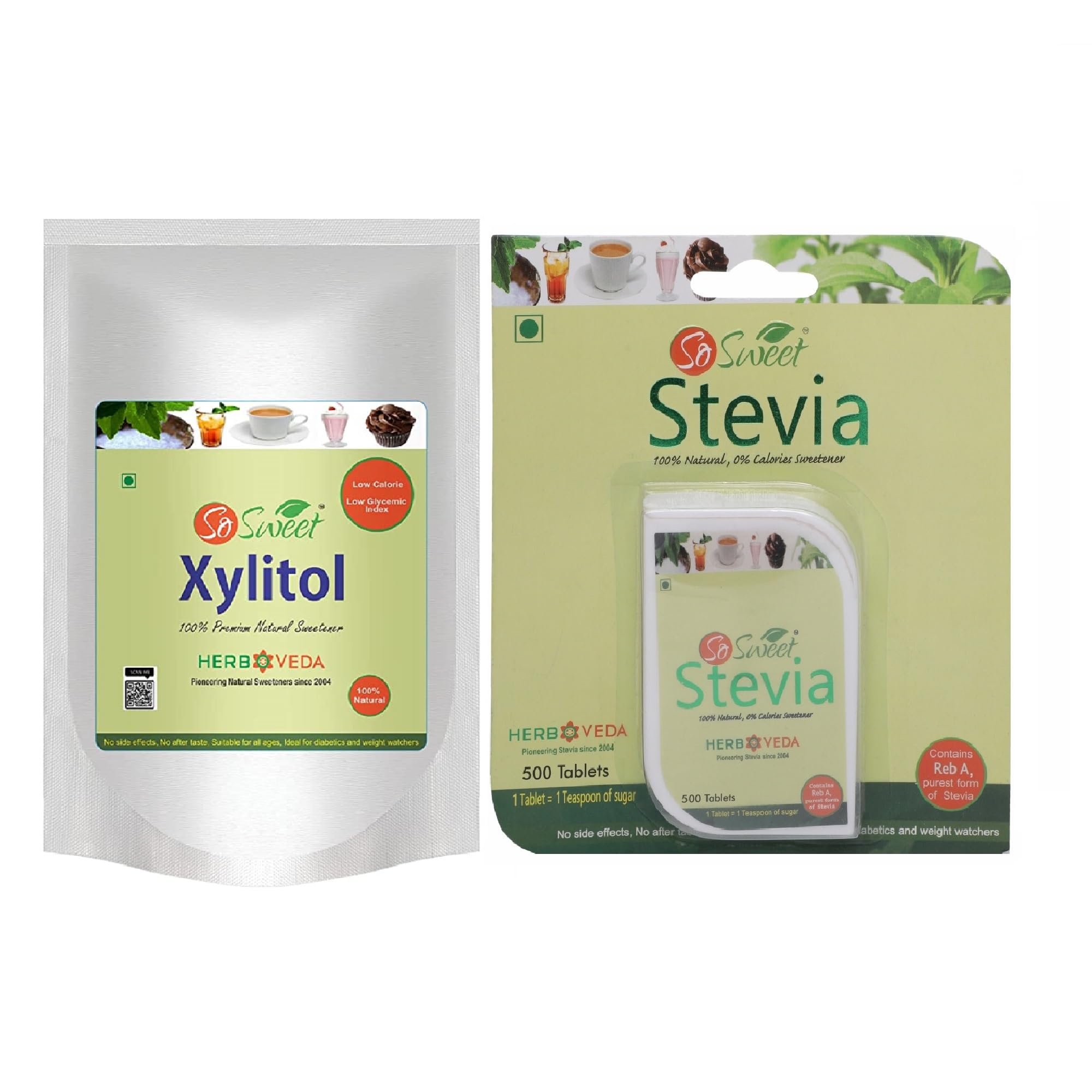 Stevia Tablets 500 + Xylitol Powder 250g Sugar Free 100% Natural Sweetener-Pack of 2