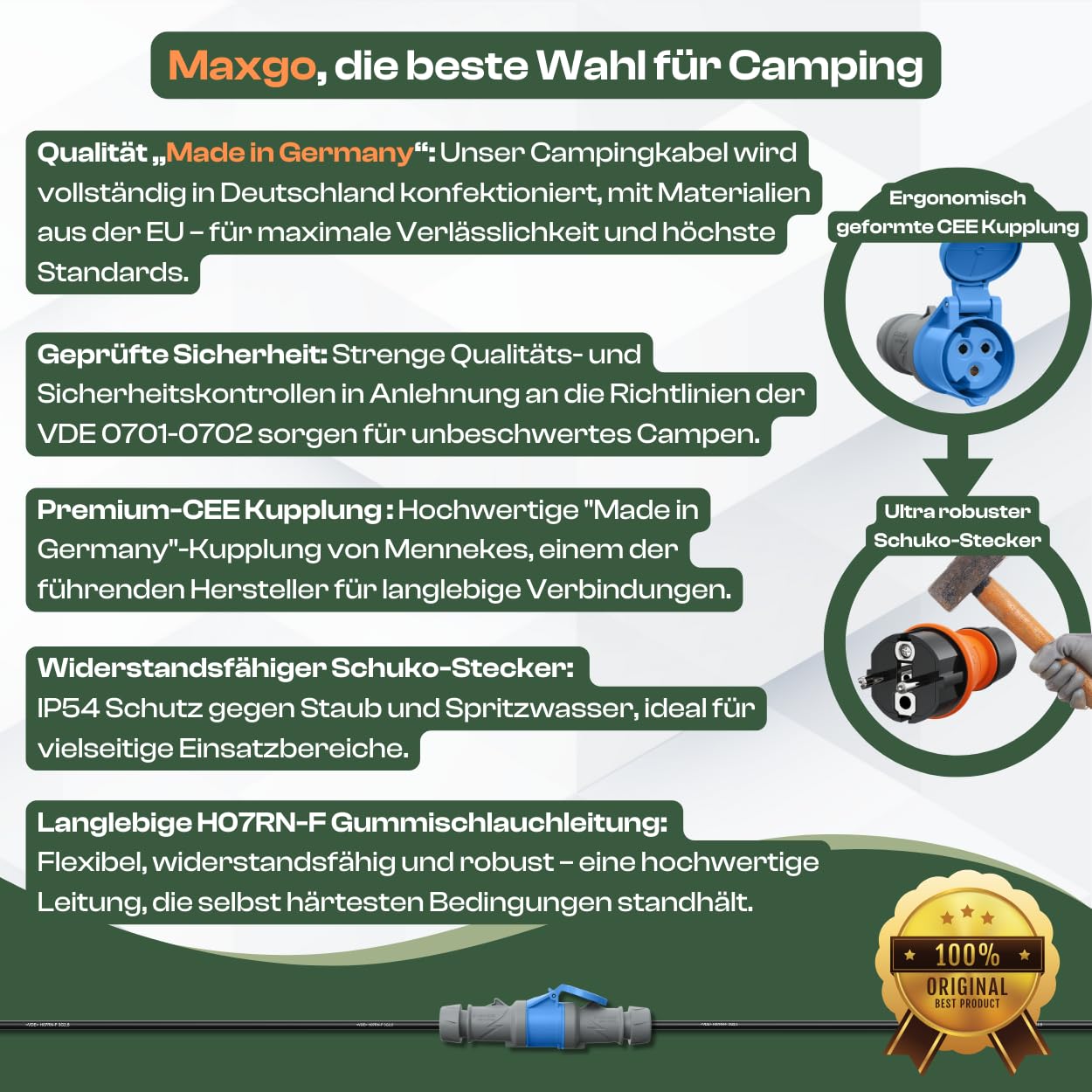 maxgo 10m Camping Adapter Schuko auf CEE 230v 16a 3x2,5 H07RN-F Stromadapter Stromkabel Landstromanschluss Adapterkabel Verlängerungskabel Kabel Wohnmobil Schukostecker Mennekes Campingkupplung