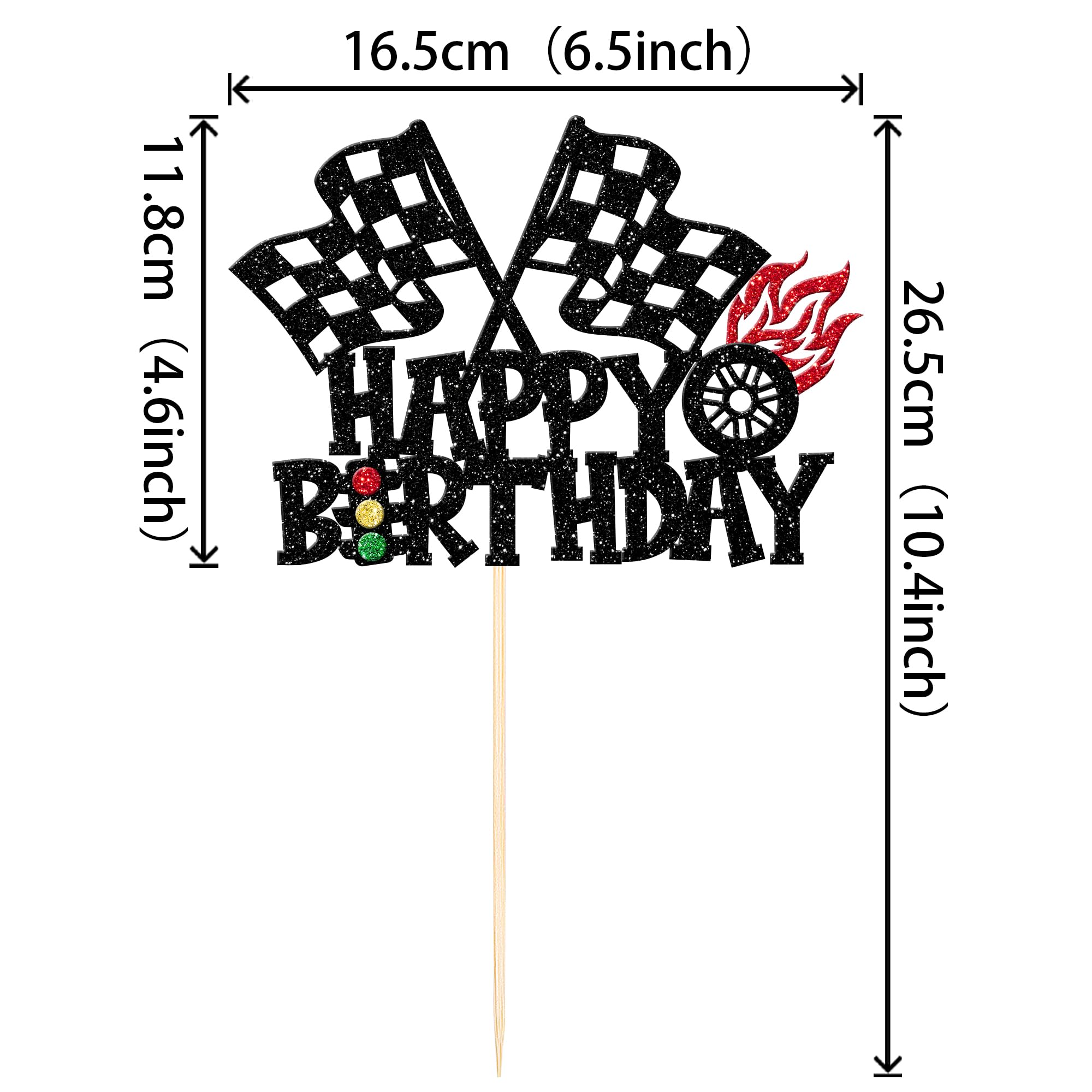 Race Car Happy Birthday Cake Topper - Glitter Checkered Flag, Traffic Light, Trophy, Wheel