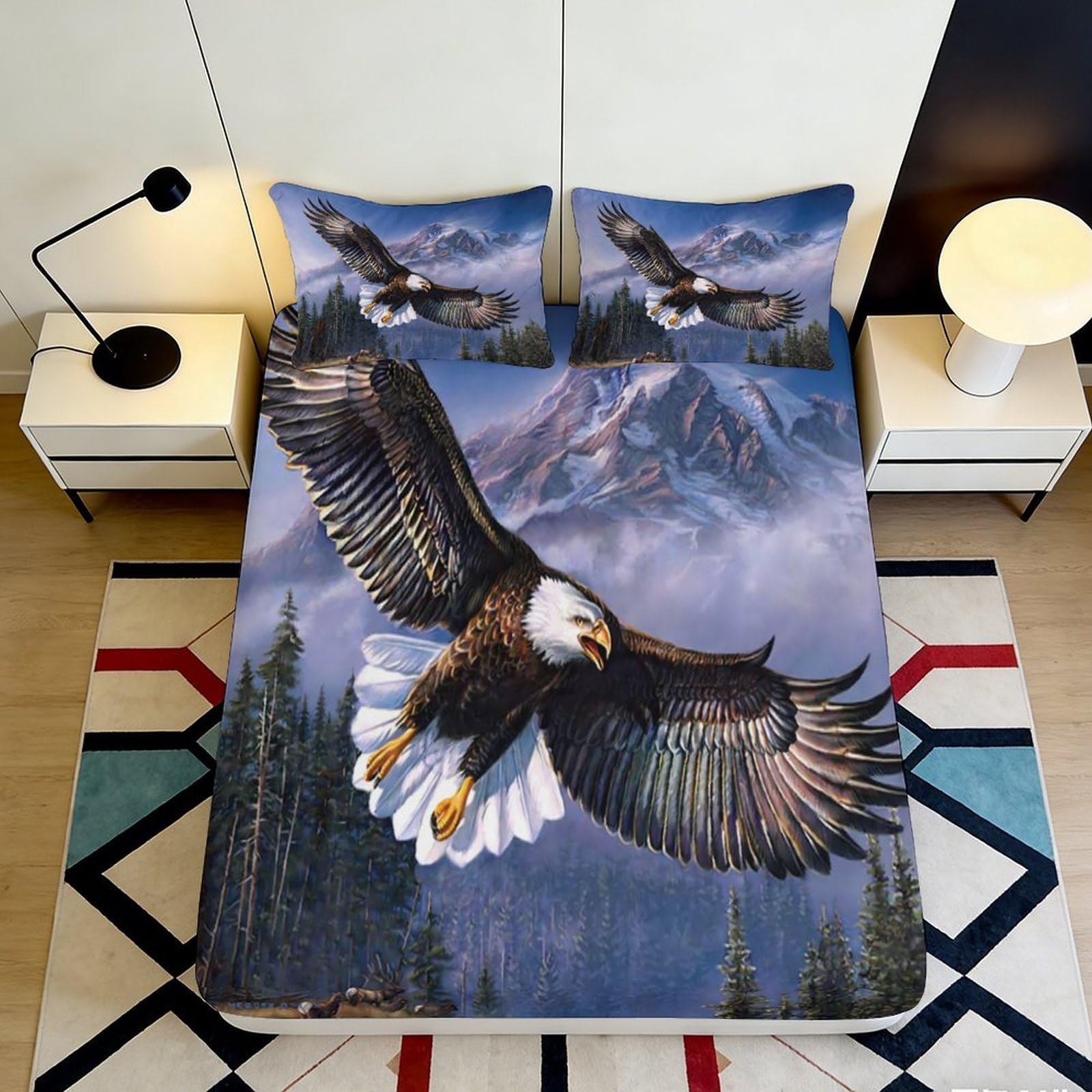 3D Printed Soaring Eagle Fitted Sheet Microfiber Soft Mountain Forest Bed Cover for Bedroom Guest Room Decor Mattress Protection 90x200x25cm