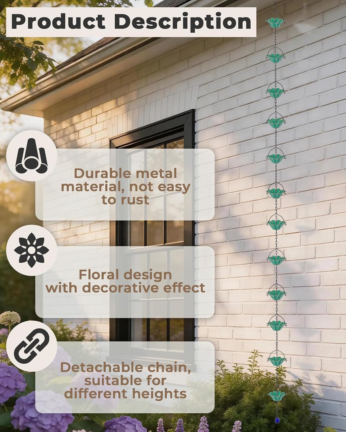 9FT Durable Metal Rain Chain with 12 Green Leaf Cups, Vintage Decorative Rain Chains for Gutters, Functional Rain Chains for Outside, Outdoor Garden Yard Patio Decor