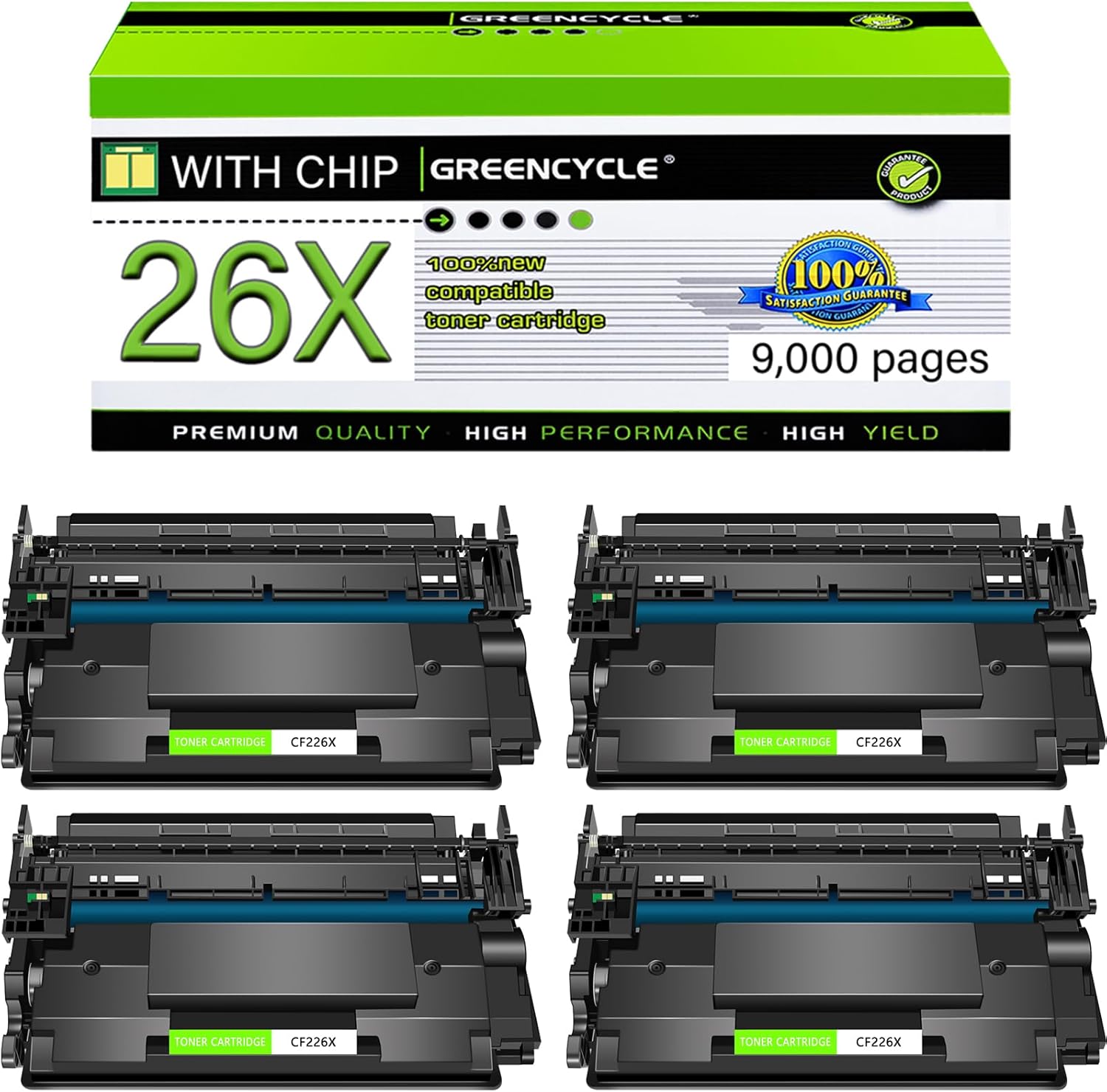 greencycle Compatible Toner Cartridge Replacement for HP 26X CF226X for LaserJet Pro M402n M402dn M402dw M402dne, MFP M426fdw M426fdn Printer Enhanced Version (Black, 4-Pack)
