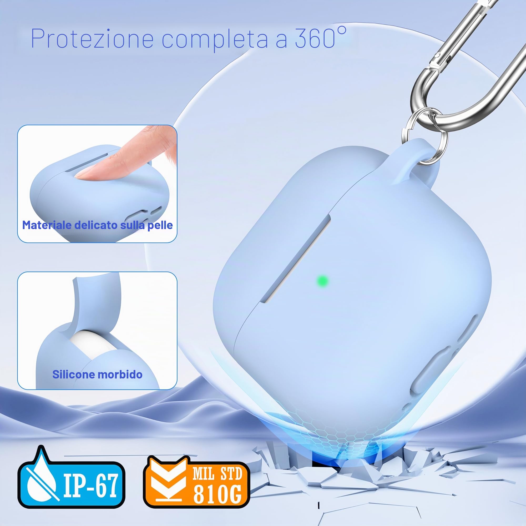 Custodia AirPods 4 2024 Silicone Morbido Grado Militare con Portachiavi Azzurro Cielo