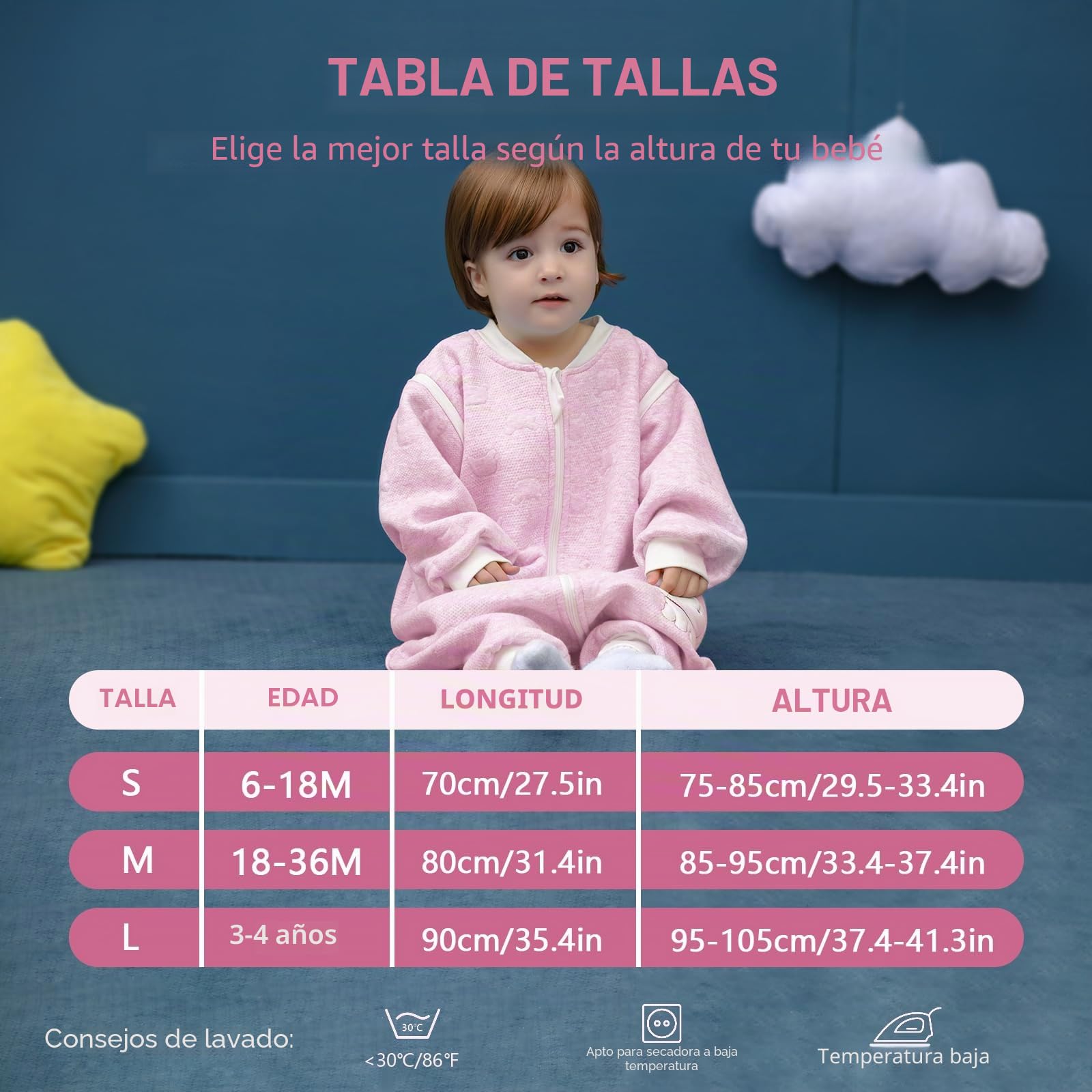 Saco Dormir Bebe Invierno 2.0tog. con Mangas extraíbles,100% algodón otoño e Invierno.1 a 3 años - Rosa