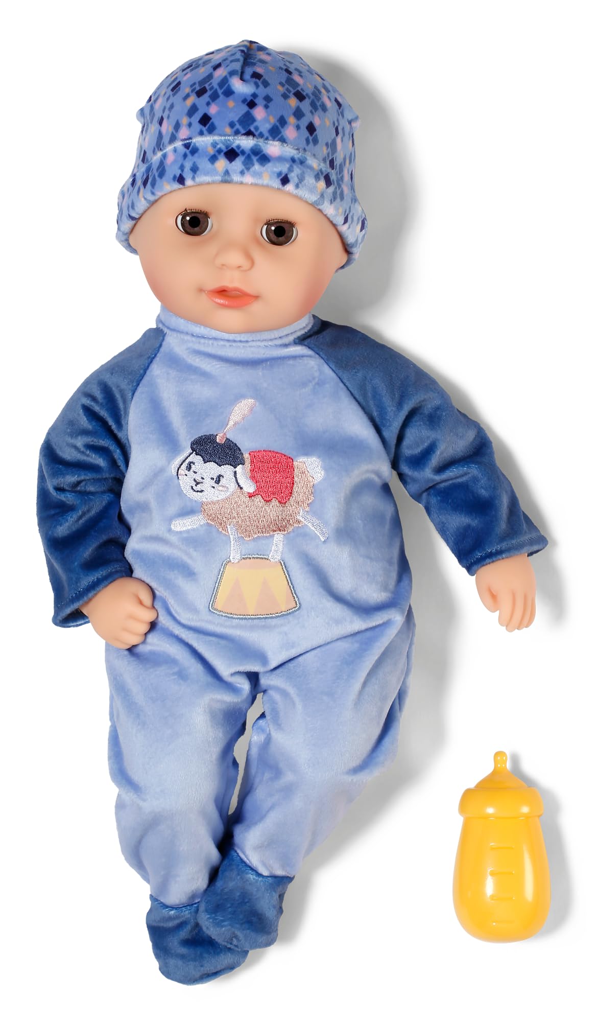 Baby Born Alex z niebieskimi śpioszkami, miękka lalka niemowlęca o wielkości 36 cm z materiałowym korpusem i oczami do spania, w zestawie buteleczka