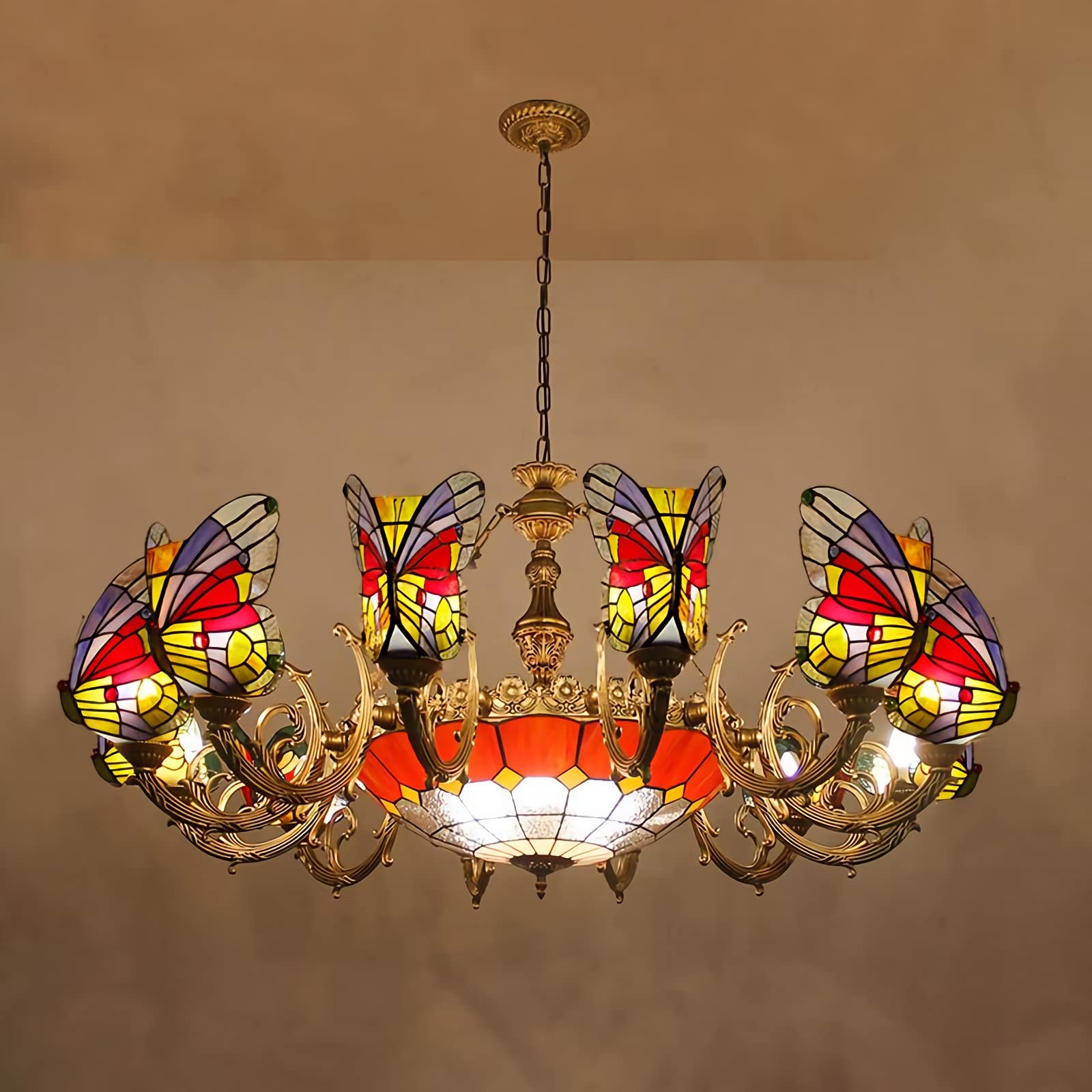 YNIYUJKL Chandeliers Tiffany-Style Butterfly Hanging Pendant Light Vintage Stained Glass Ceiling Light Fixtures For Living Room, Bedroom, Dining Room, Kitchen, Hallway,Purple