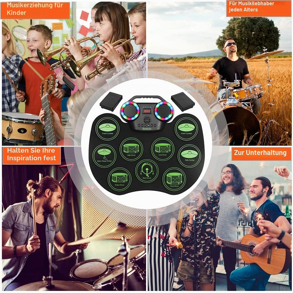 E-Drum Kit, Bonvvie tragbare wiederaufladbare digitale Rollentrommel von mit 9 Pads, MIDI, DTC, eingebauten Lautsprechern, ideal für Kinder, Studenten, Anfänger, Enthusiasten (G6001)