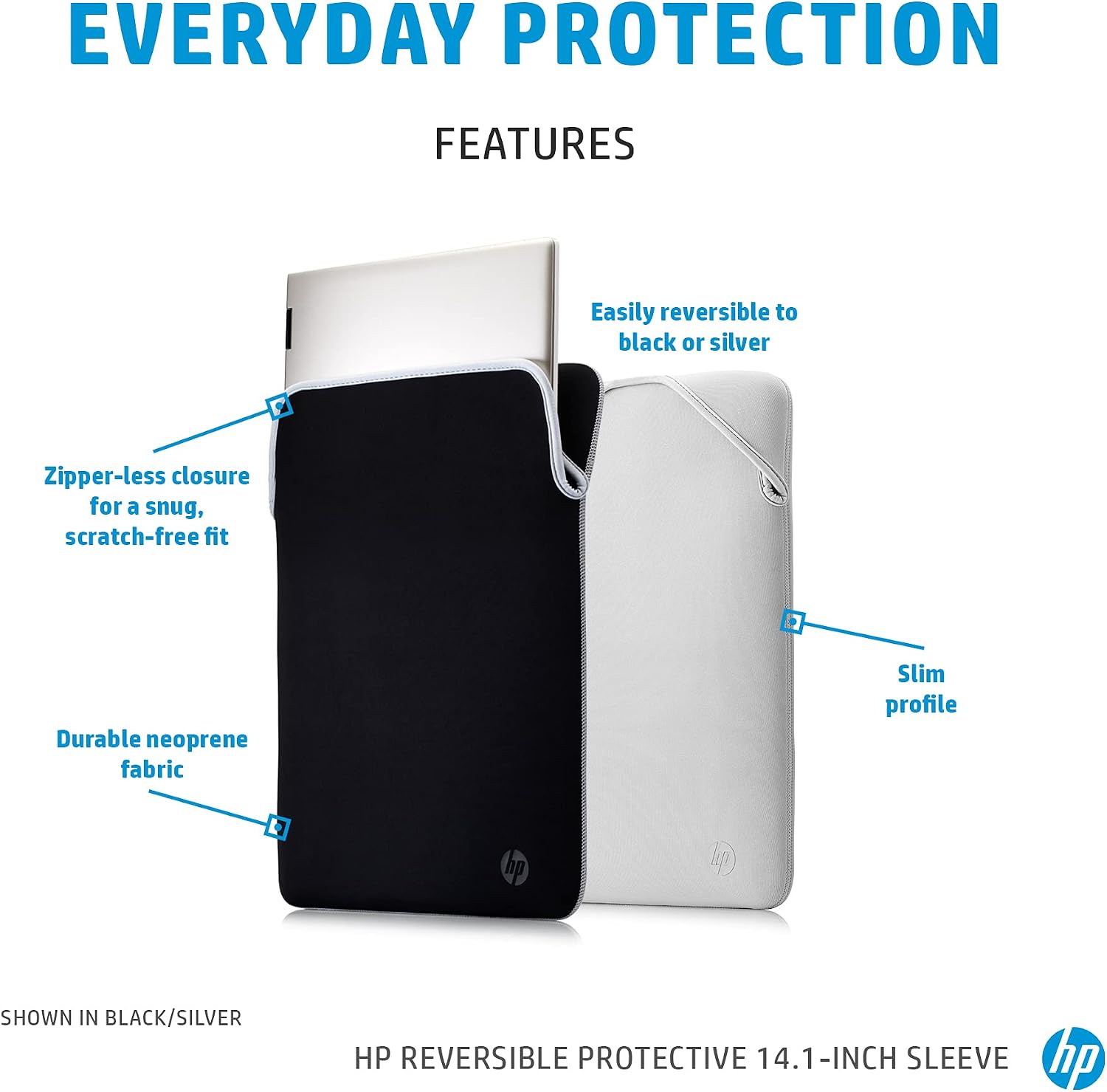 HP 14.1 Inch Protective Reversible Laptop Notebook Sleeve Case, Black/silver - Image 3