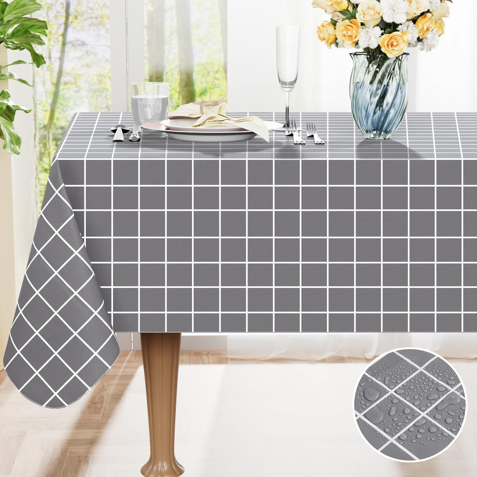 Rectangle Table Cloth, Waterproof Vinyl Tablecloths with Flannel Backing, Wipeable Plastic Plaid Table Cover for Dining, Picnic, Indoor and Outdoor (60" x 84", Grey)