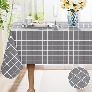 Rectangle Table Cloth, Waterproof Vinyl Tablecloths with Flannel Backing, Wipeable Plastic Plaid Table Cover for Dining, Picnic, Indoor and Outdoor (60" x 84", Grey)