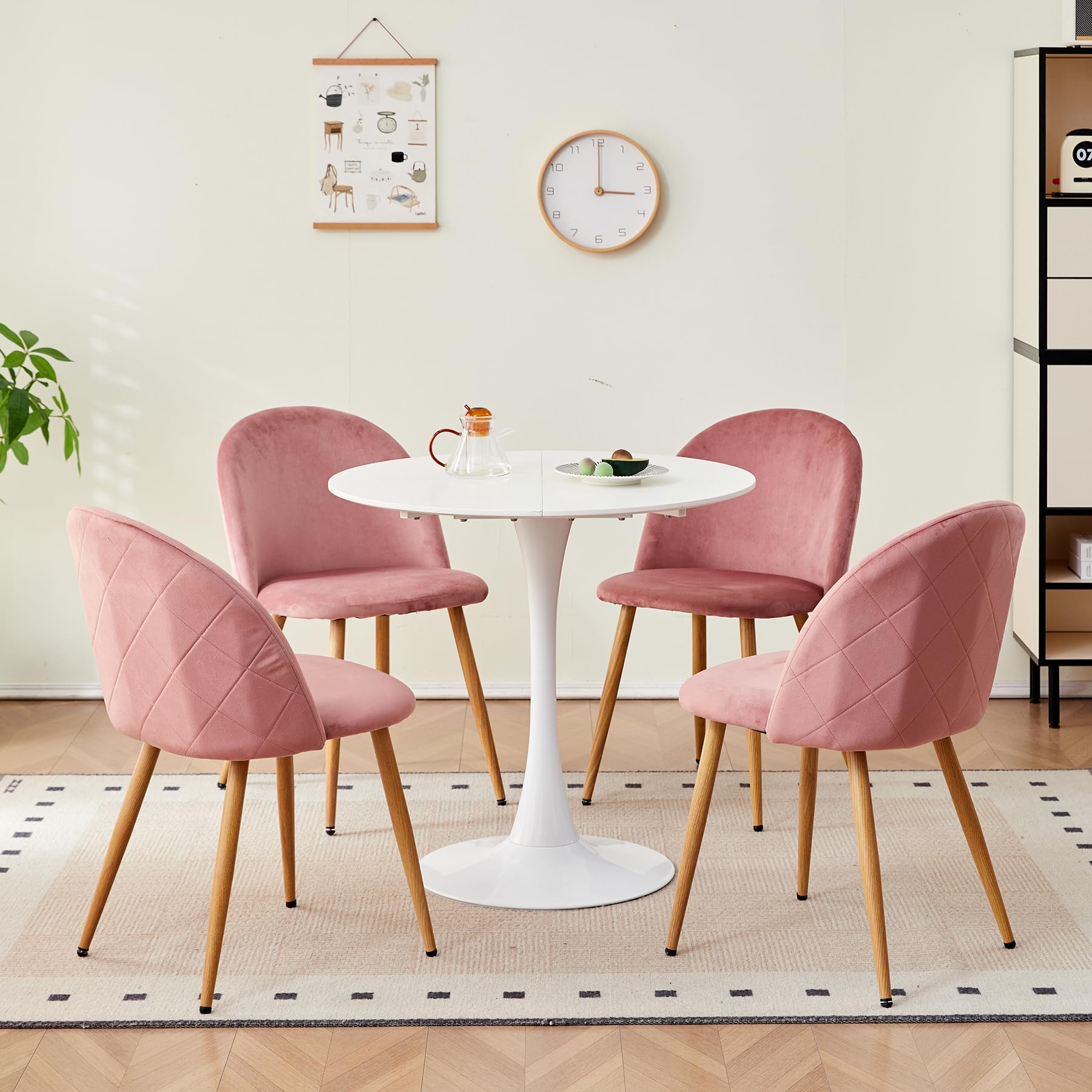 Set di 4 Sedie Imbottite per Sala da Pranzo, con Schienale in Morbido Velluto e Gambe Regolabili in Metallo, Colore: Rosa