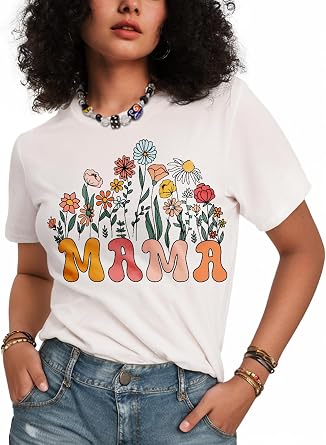 Flafens Mama Shirt for Women - Mom Graphic T Shirt Short Sleeve Crewneck Cute Mothers Day Tees for Mama