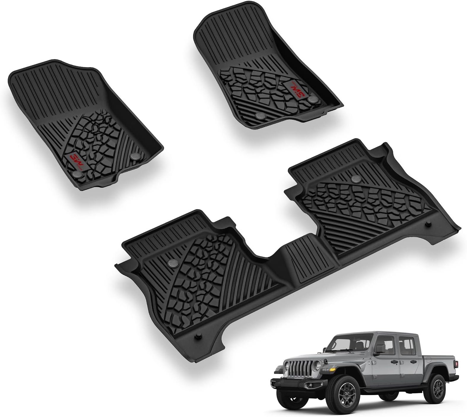 3W Floor Mats Compatible for Jeep Gladiator 2020-2025 2026, Custom Fit TPE All Floor Liner for Weather Jeep Gladiator,1st & 2nd Row Full Set Car Liners with red Logo,Black