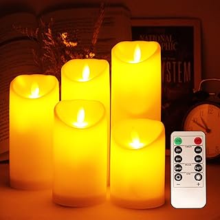 Flameless Flickering Candles Set of 5, Real Wax Flickering Mobile Wick LED Electric Candle Set with Remote Control 24 Hour Timer, 4" 5" 6" 7" 8"