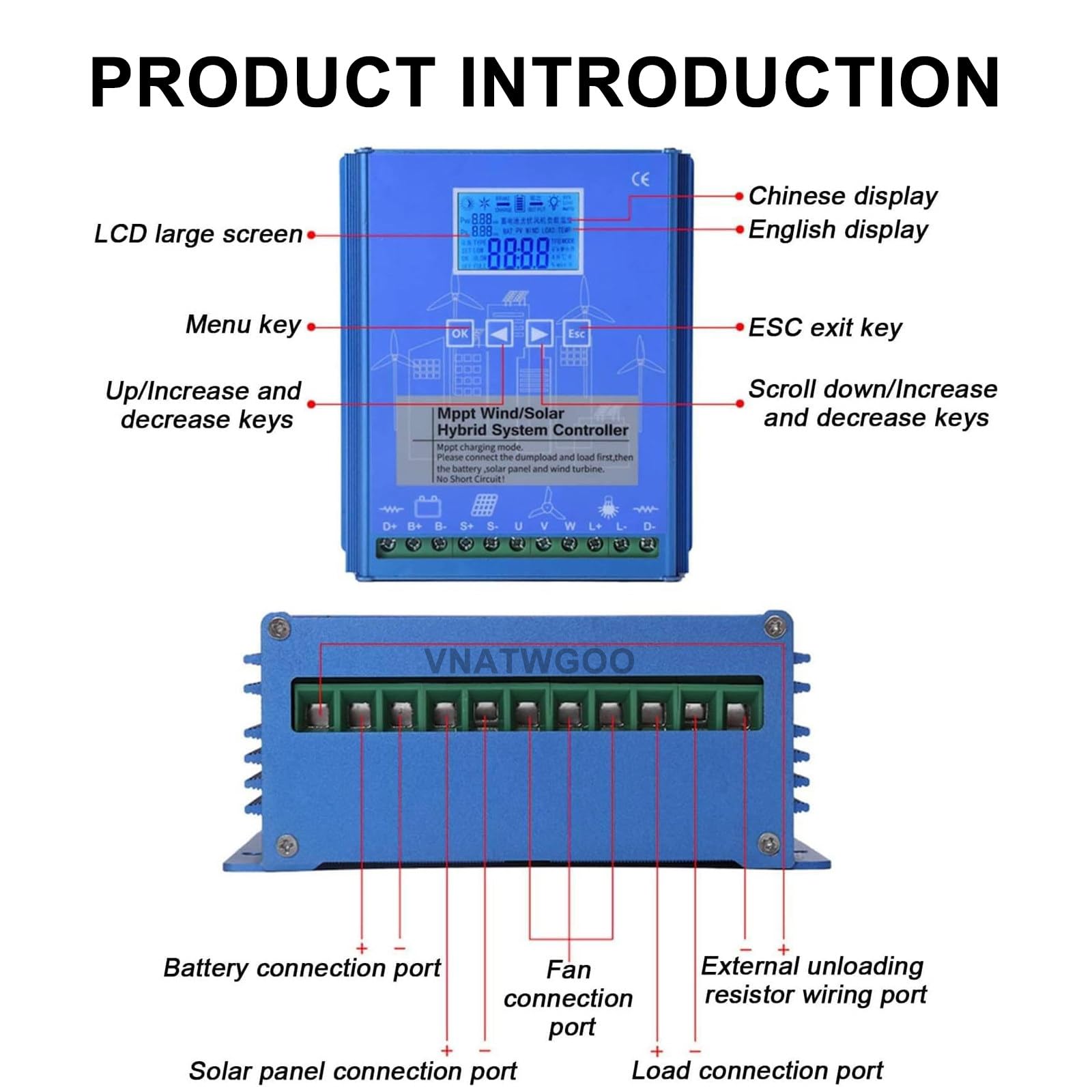 Controlador HíBrido EóLico-Solar De 16000 W, Controlador De Carga Mppt con Resistencia De Descarga Externa, Regulador De Voltaje De 12 V/24 V/48 V, para Panel Solar De Generador EóLico,12V