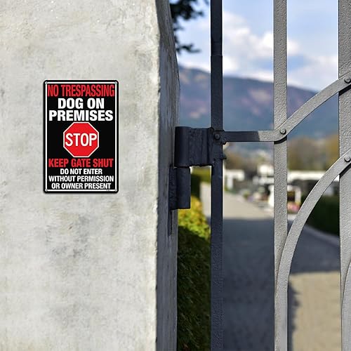 Vista 6 de GicnKeuz Letrero de "No Trespassing Dog On Premises", 12 x 8 pulgadas, letrero de aluminio con texto en inglés "Beware Of Dog" para valla, no entre