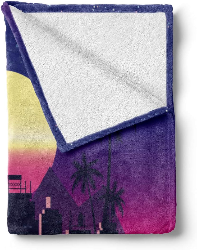 Lunarable Disco Soft Flannel Fleece Throw Blanket, Synthwave Retro City Palms Sun and Grid in Vibrant Tones, Cozy Plush for Indoor and Outdoor Use, 70" x 90", Purple Magenta
