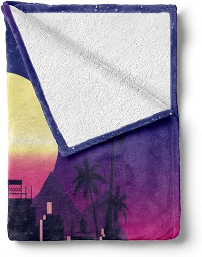Miniatura 2 de Lunarable Synthwave - Manta de forro polar de franela suave, diseño retro de palmeras urbanas con sol y cuadrícula en tonos vibrantes, felpa Púrpura