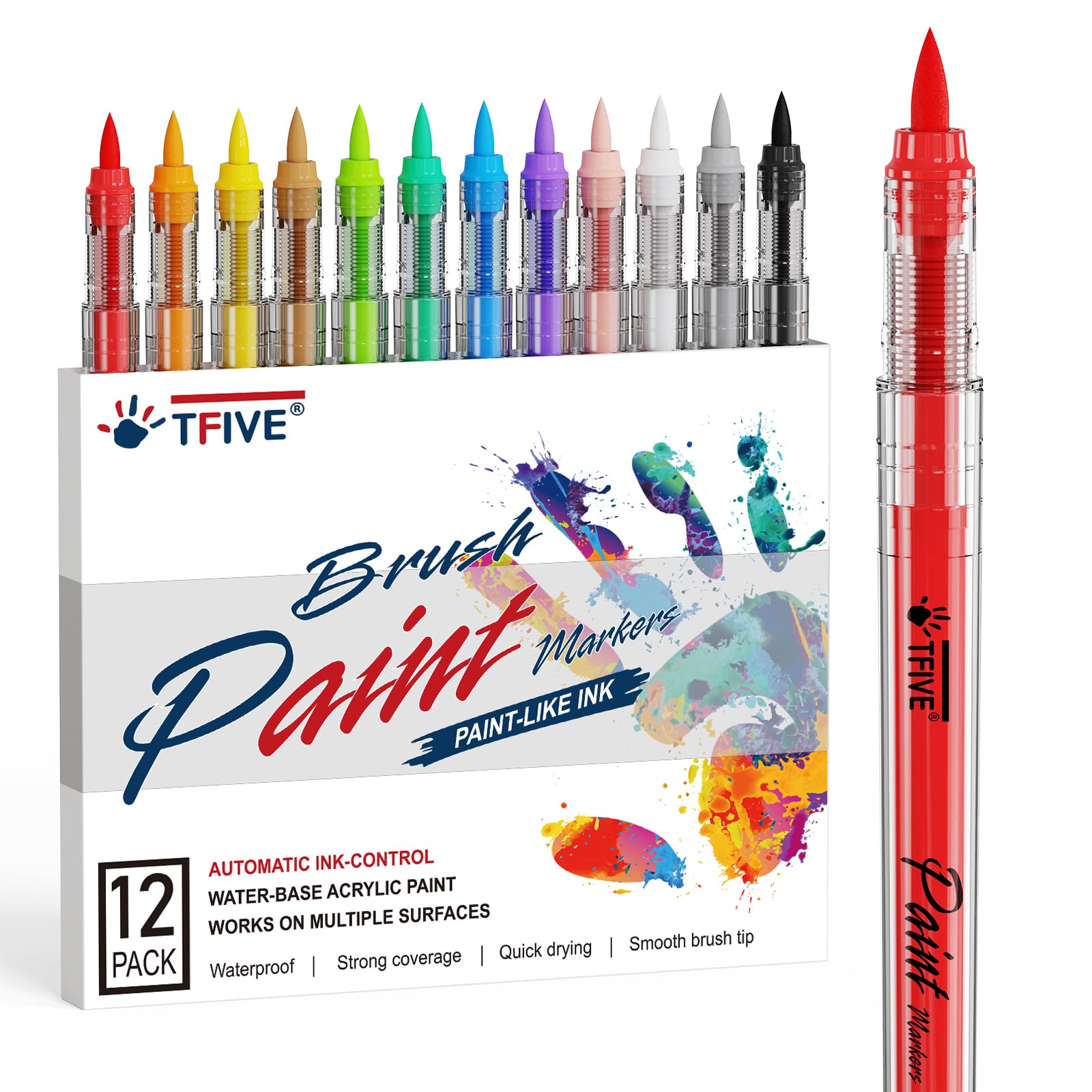 TFIVE Paint Marker Pens, Acrylic Permanent Brush Tip Marker, Water-Based, Quick Dry & Waterproof for Art, Drawing, Rock, Ceramic, Glass, Wood, Plastic, Metal, Canvas DIY Crafts