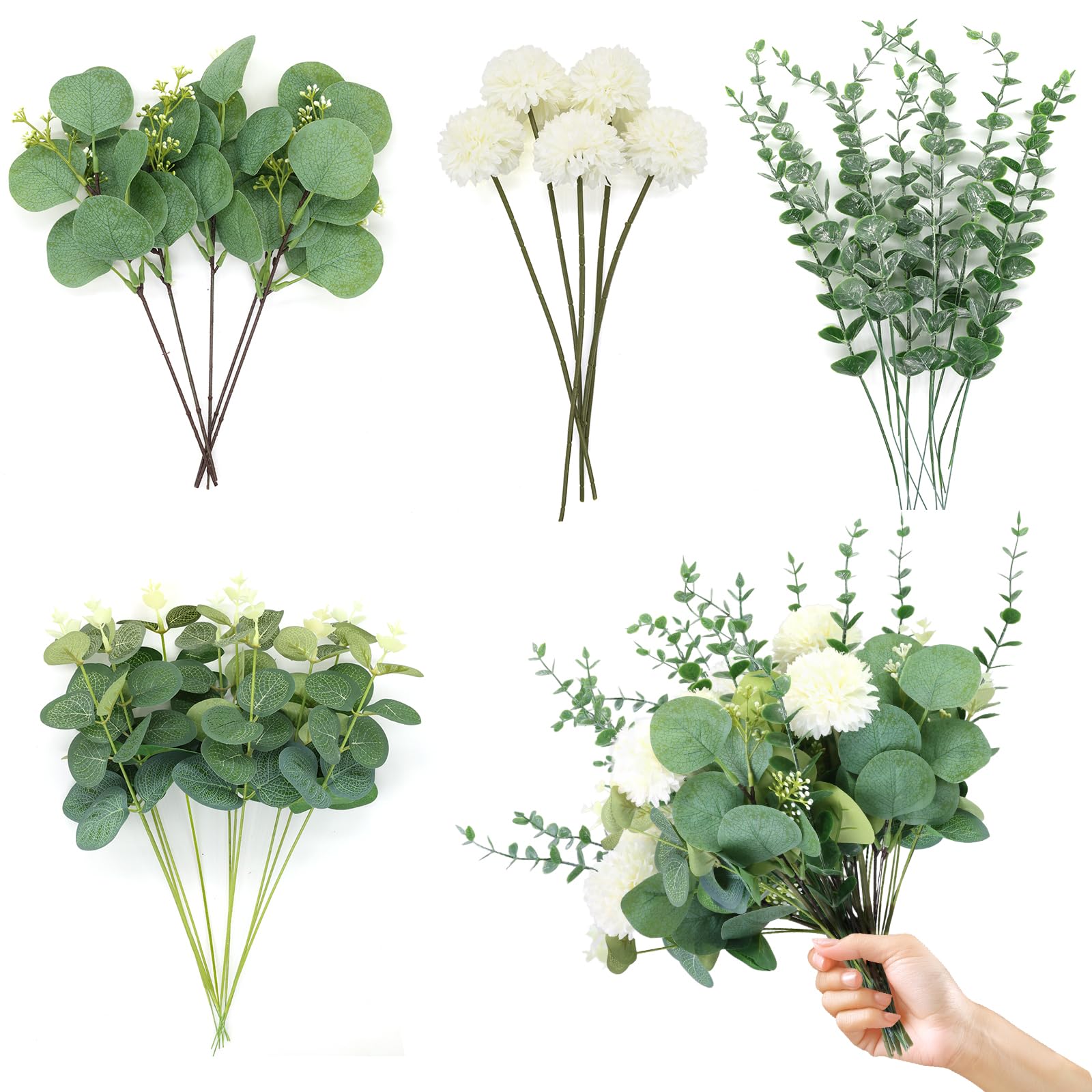 Eucalyptus Stems and Hydrangea Flowers 30 Pcs,Faux Eucalyptu Leaves