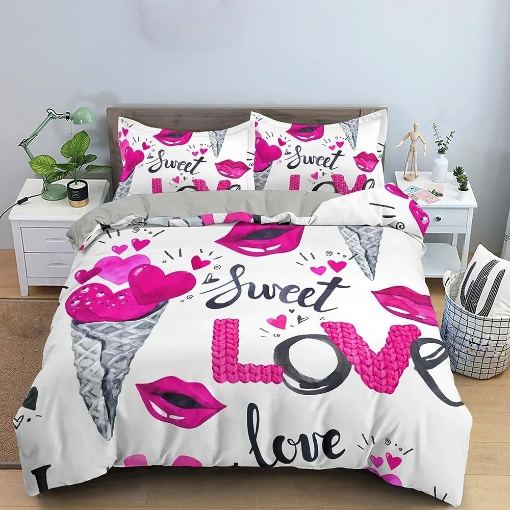 Housse de couette violette microfibre hypoallergénique parure de lit motif cœur