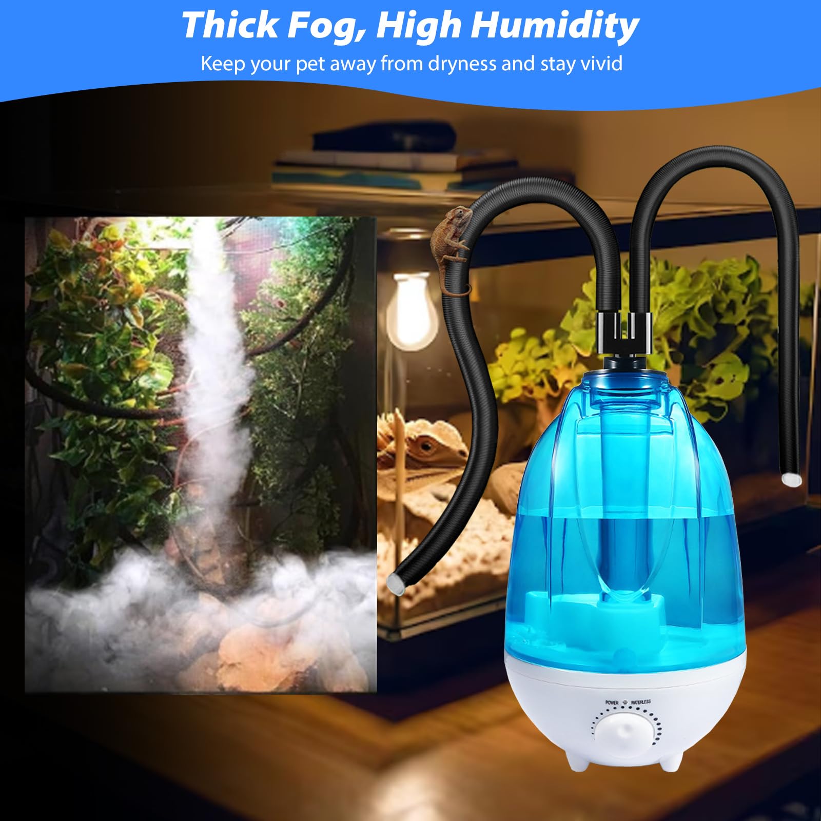 Reptilie Luftbefeuchter Terrarium, 4L Reptilien Luftbefeuchter 300mL/h Mit 7 Farben der Nachtlichtfunktion, Terrarium-Nebelgerät Mit verstellbarem Schlauch, Vaporizer Nebelmaschine mit Doppeldüse