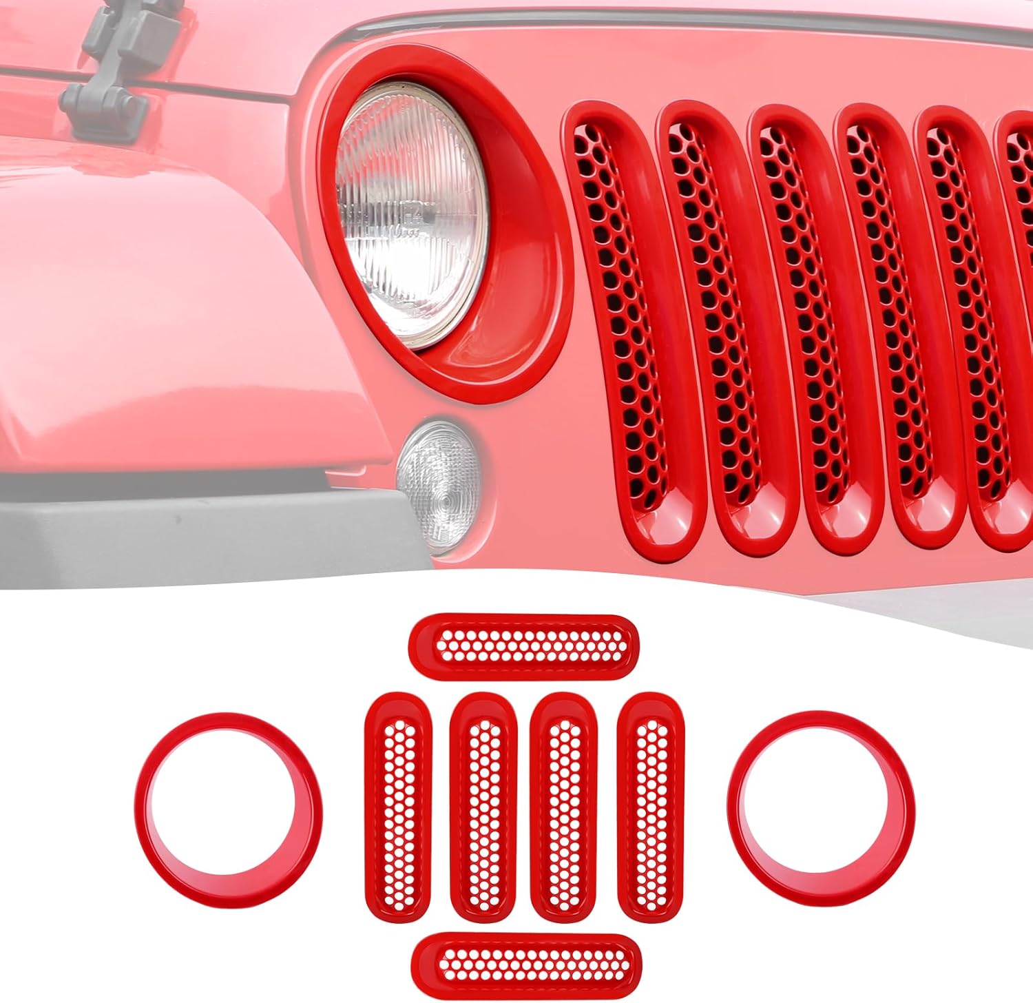 Mesh Grille Grill Insert+Headlight Turn Light Cover Trim Fit for 2007-2018 Jeep Wrangler JK JKU(Chrome)