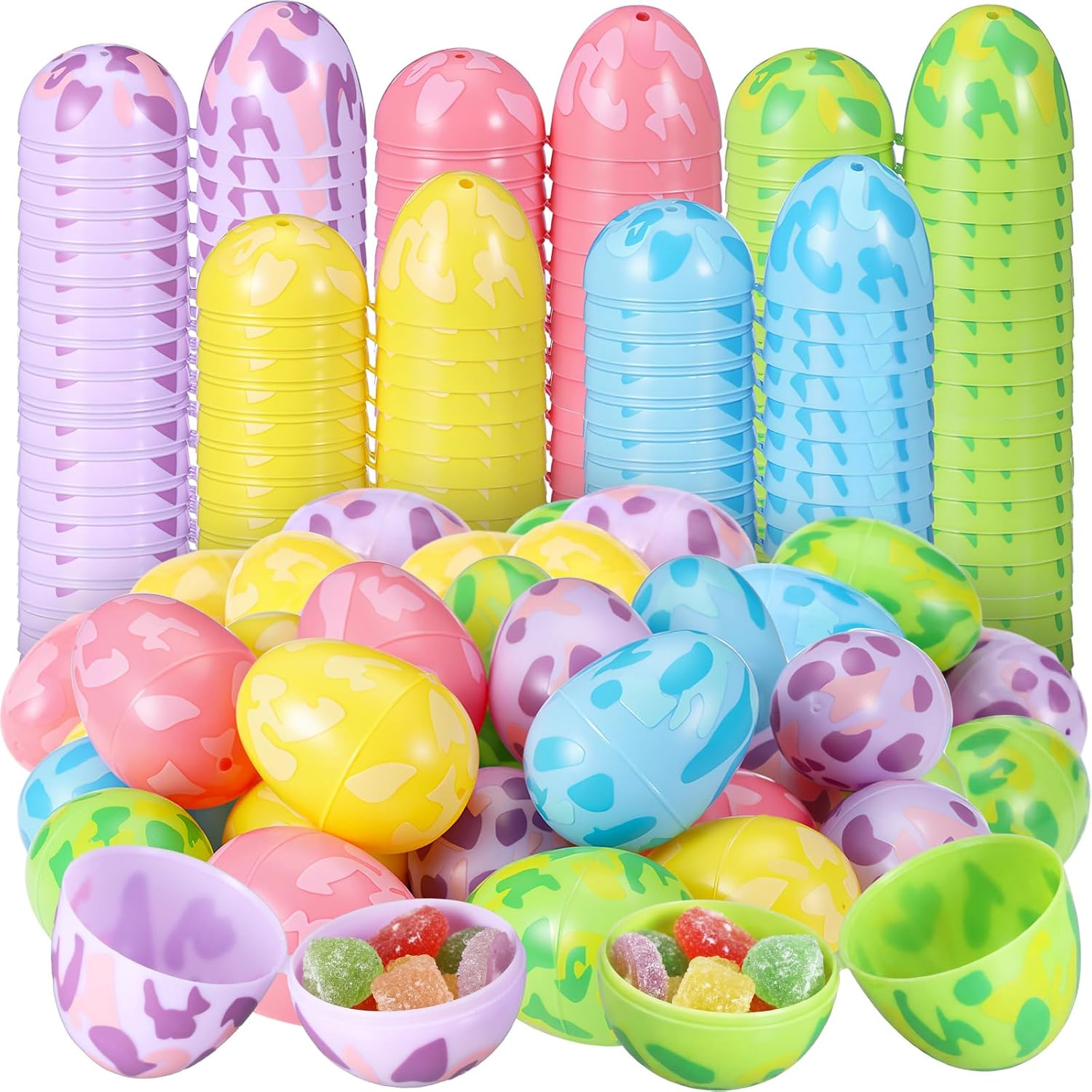 100 Pcs Unfilled Camo Easter Eggs Bulk Colorful Camouflage Plastic Candy Eggs Holiday Basket Stuffers Containers for Easter Hunt Party Supplies Decorations, 2.36in (Colorful)