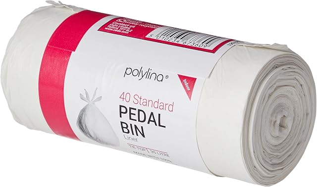 Polylina 40 Tough Durable Tie Top Pedal Bin Liners, Recycled Plastic, White, 35 Litre