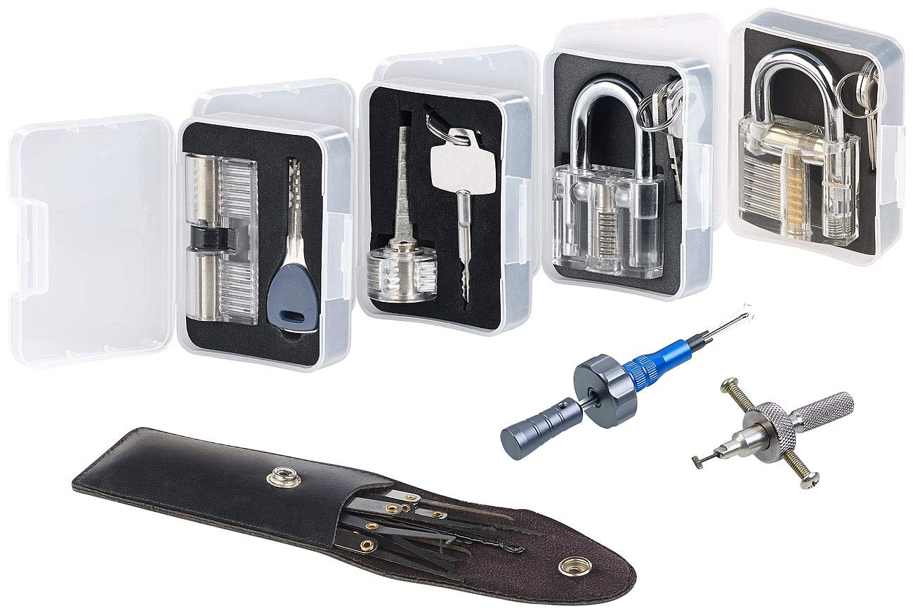 AGT Dietrich Türöffner: Profi-Lockpicking-Set mit 19 Werkzeugen und 4 Übungsschlössern (Dietrich Werkzeug, Türöffner, Experimentierkasten)