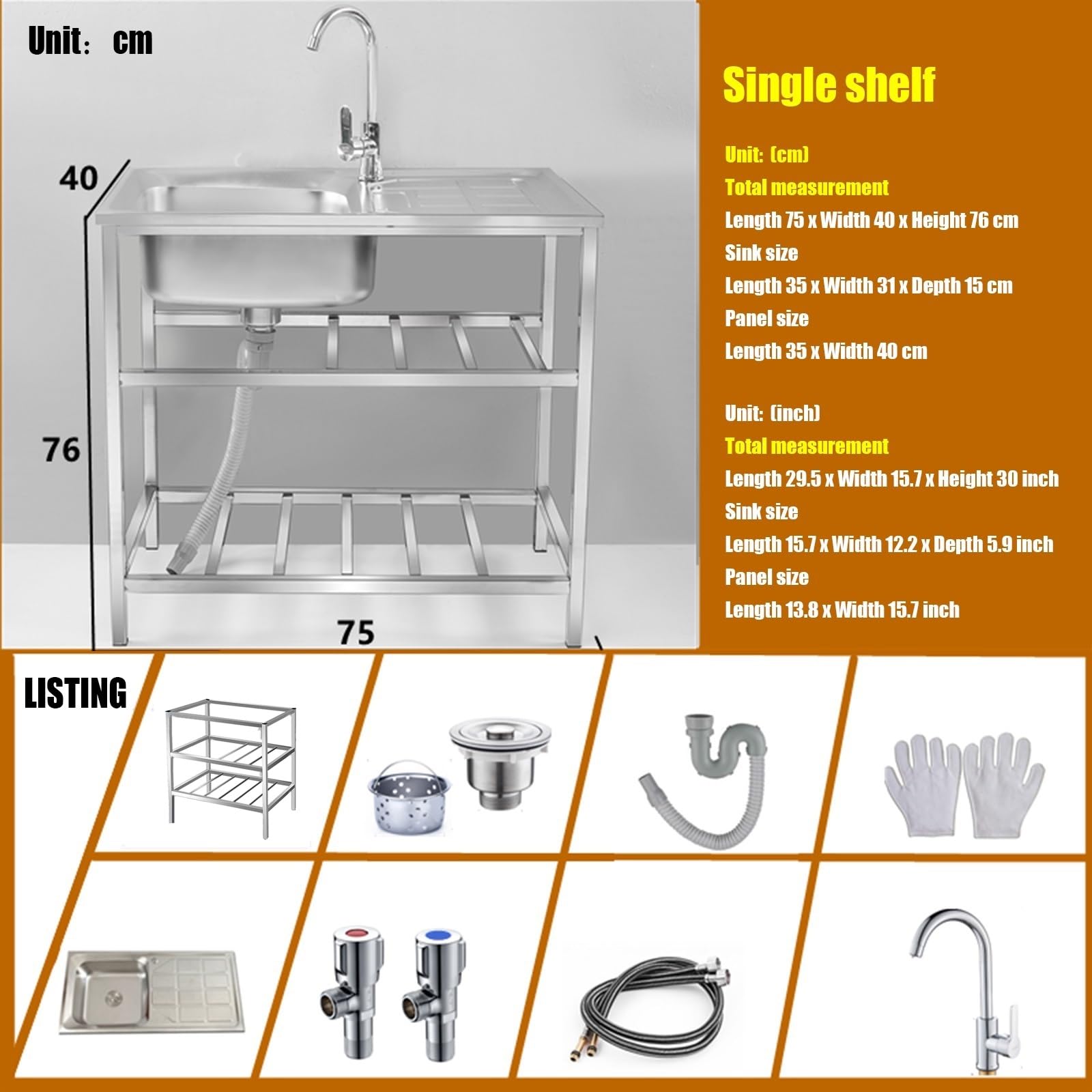 Outdoor Utility Sink For Washing, Freestanding 304 Stainless Steel Single Bowl Sink,Restaurant Kitchen Workstation W/Faucet & Drain and Storage Shelves,for Laundry/Garage/Kitchen/Bar/Backyard (Size :