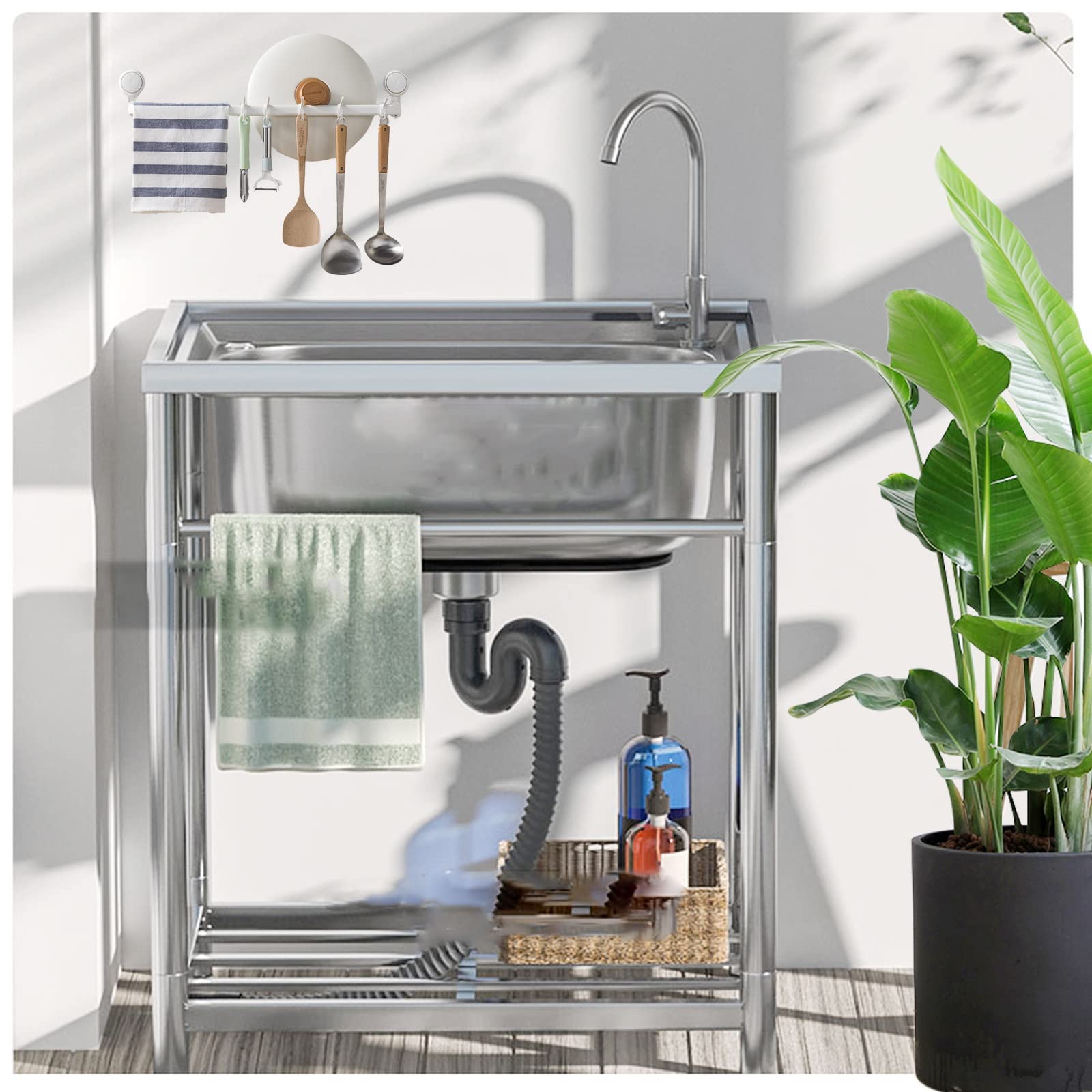 TAXXII Outdoor Sink Stainless Steel Utility Sink,Freestanding Sink,Single Bowl Commercial Kitchen for Washing with Faucet,for Garage,Laundry Room