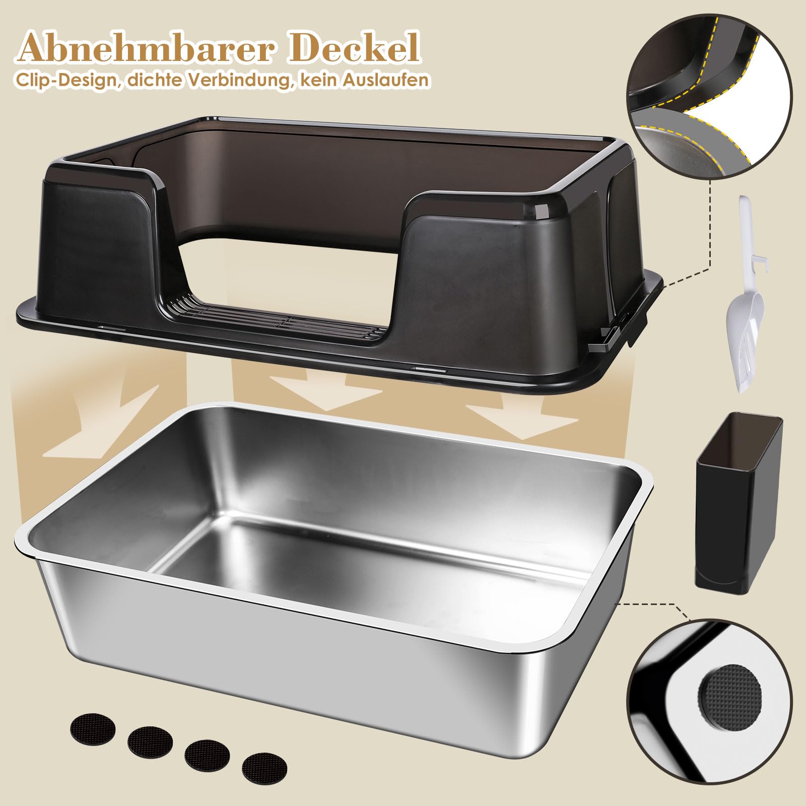 Katzentoilette Edelstahl XXL, 60 L x 40 W x 31,5 H cm | Geruchsresistent Katzenklo Groß mit Hoch Rand, Auslaufsichere & Nicht klebrig XXL Katzenklo für Große Katzen
