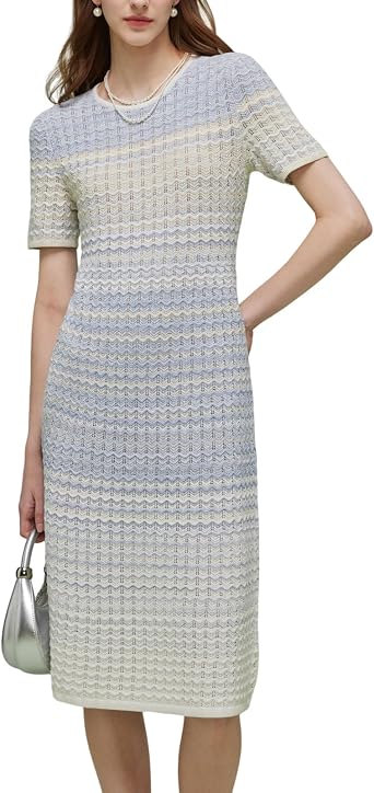 GOELIA Womens Summer Bodycon Knit Midi Dress Textured Multicolor Jacquard Striped Short Sleeve Crew Neck Casual Dresses