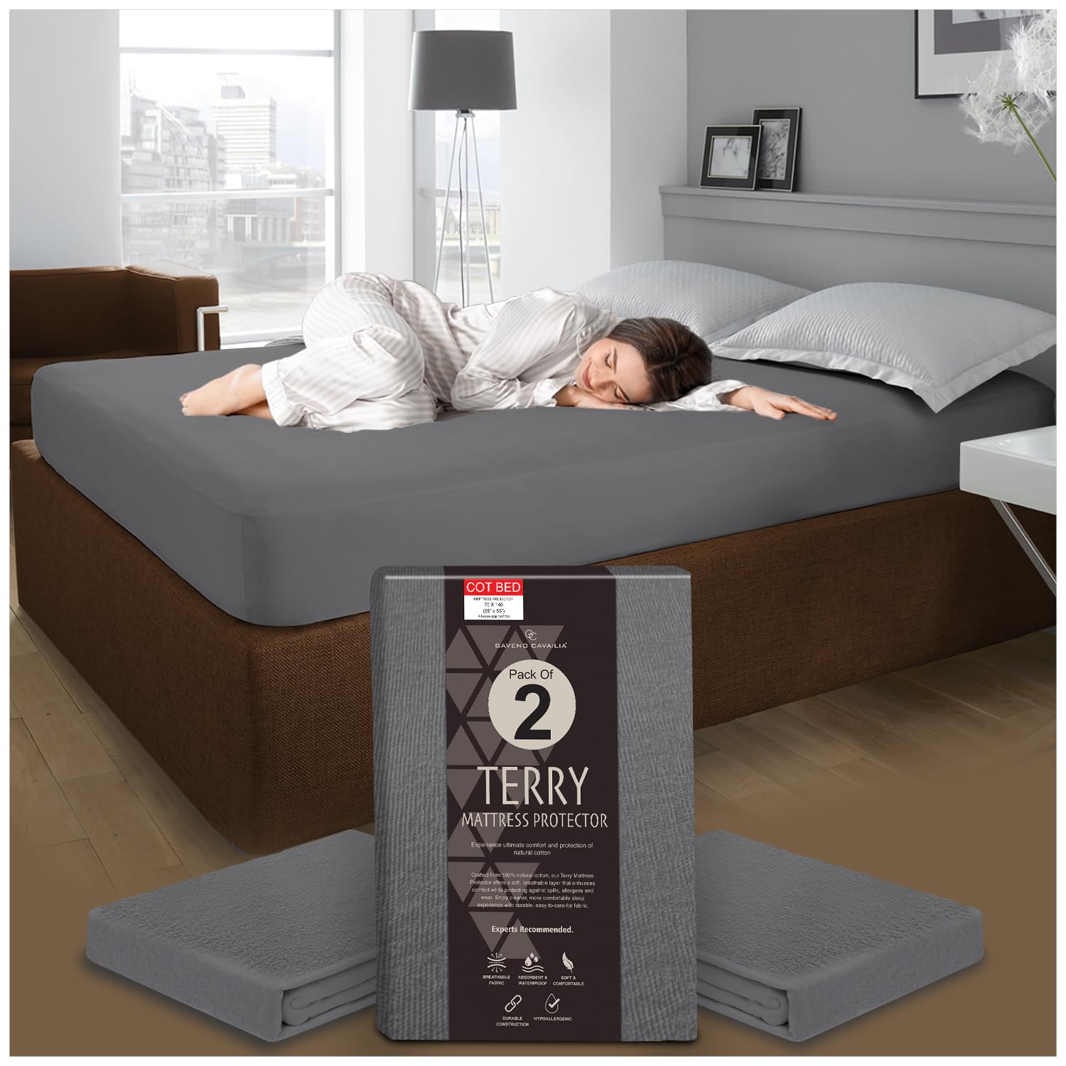 GC GAVENO CAVAILIA Terry Towel Mattress Protectors - Pack of 2 Cot Bed Mattress Protector Fitted Sheet - Waterproof Mattress Cover - Breathable 30cm Deep Mattress Protector (70 x 140cm) - Charcoal