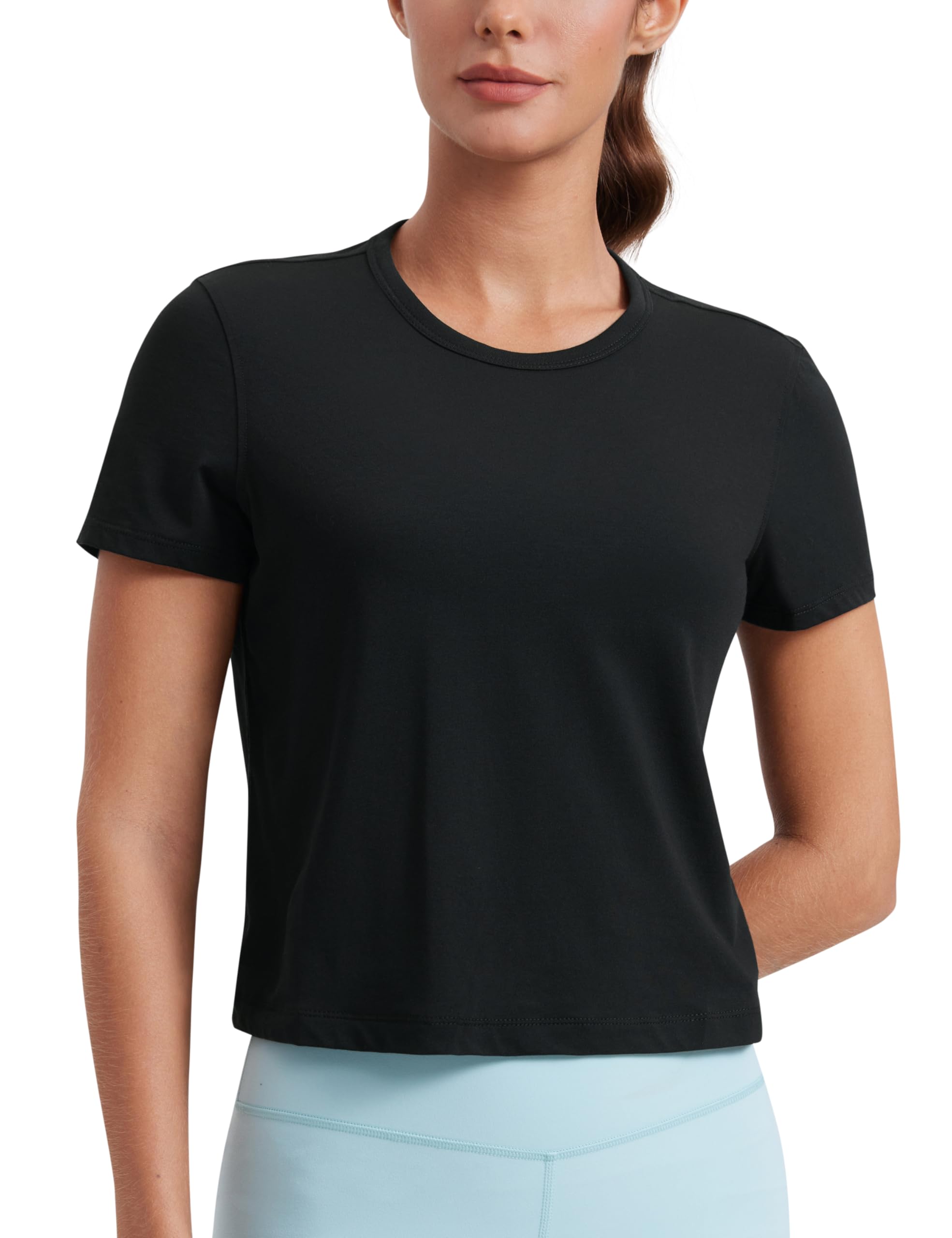 CRZ YOGA Women's Pima Cotton Short Sleeve Crop Tops High Neck Cropped Workout Shirts Yoga Athletic Casual T-Shirt