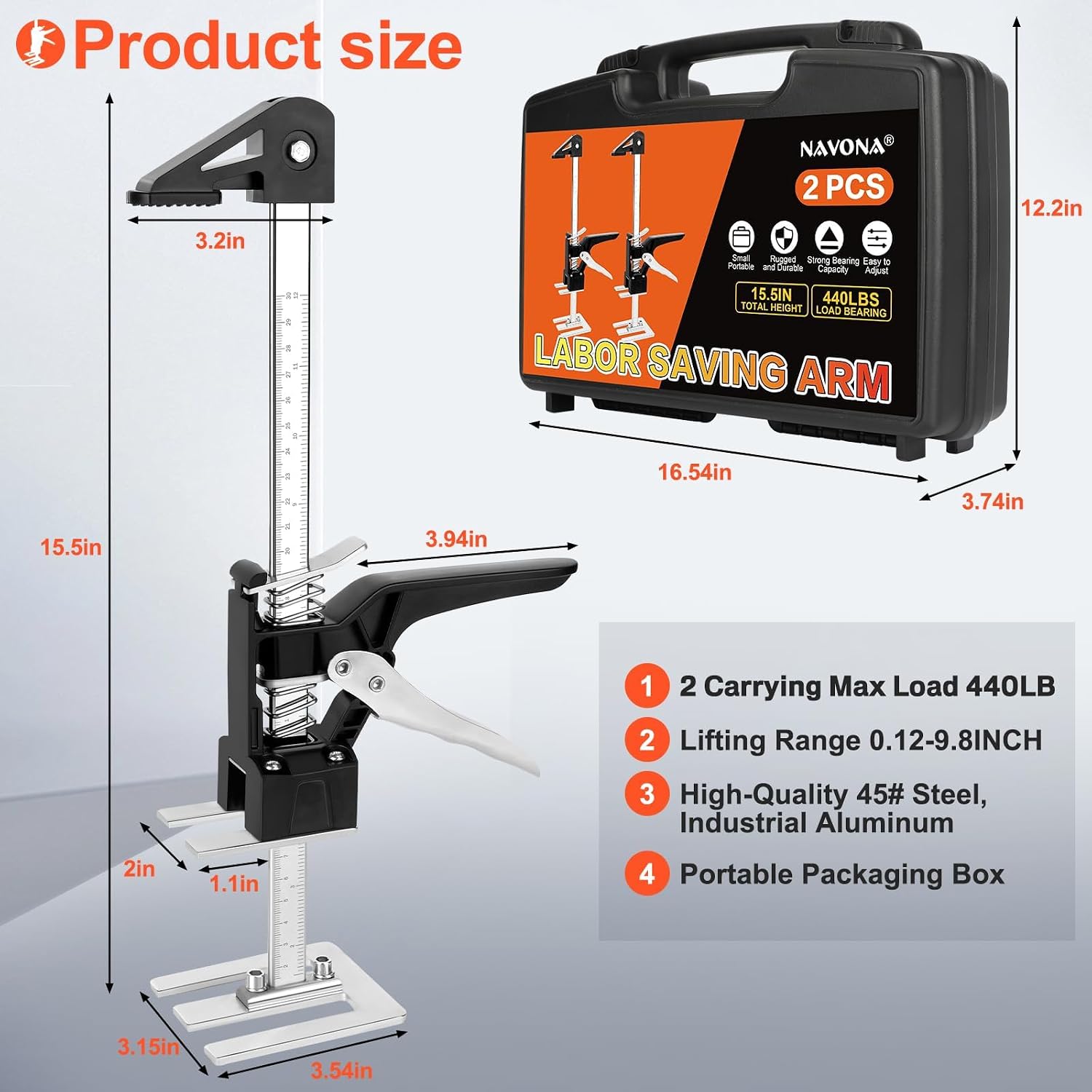 NAVONA Labor Saving Arm Lift 2 Pack, 15.5 Inch Multi-Function Height Adjustment Lifting Device, 440LBS Furniture Lifter for Installing Cabinets, Windows, Doors, Furniture