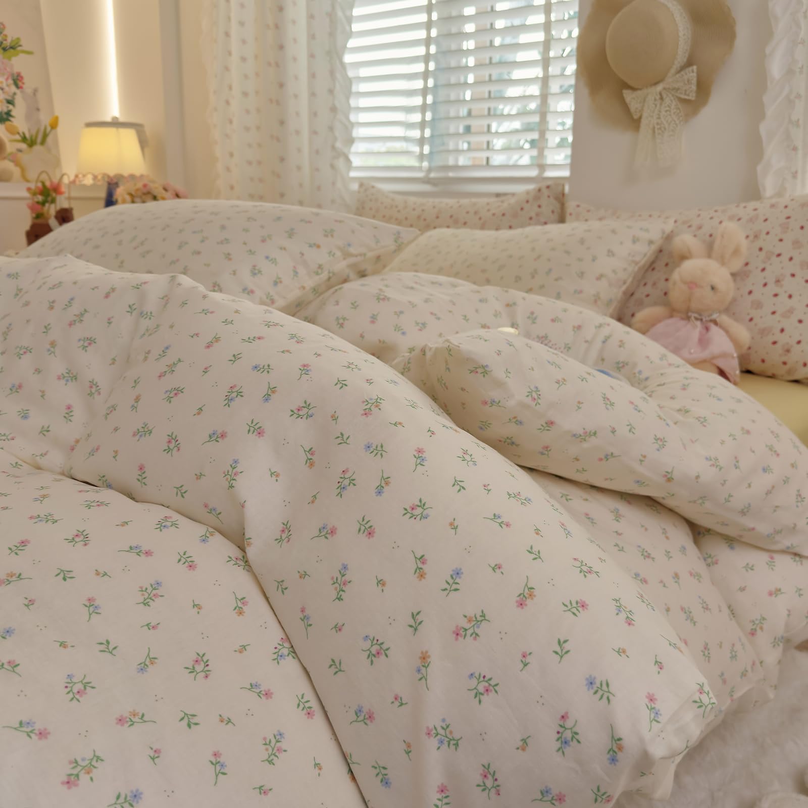 Pastel Ditsy Floral Duvet Cover Set, Cream Off-White Double Layer Gauze Cotton Bedding Set, Soft Breathable Green Leaves Comforter Cover for Cottagecore French Country Bedroom Decor, Queen Size